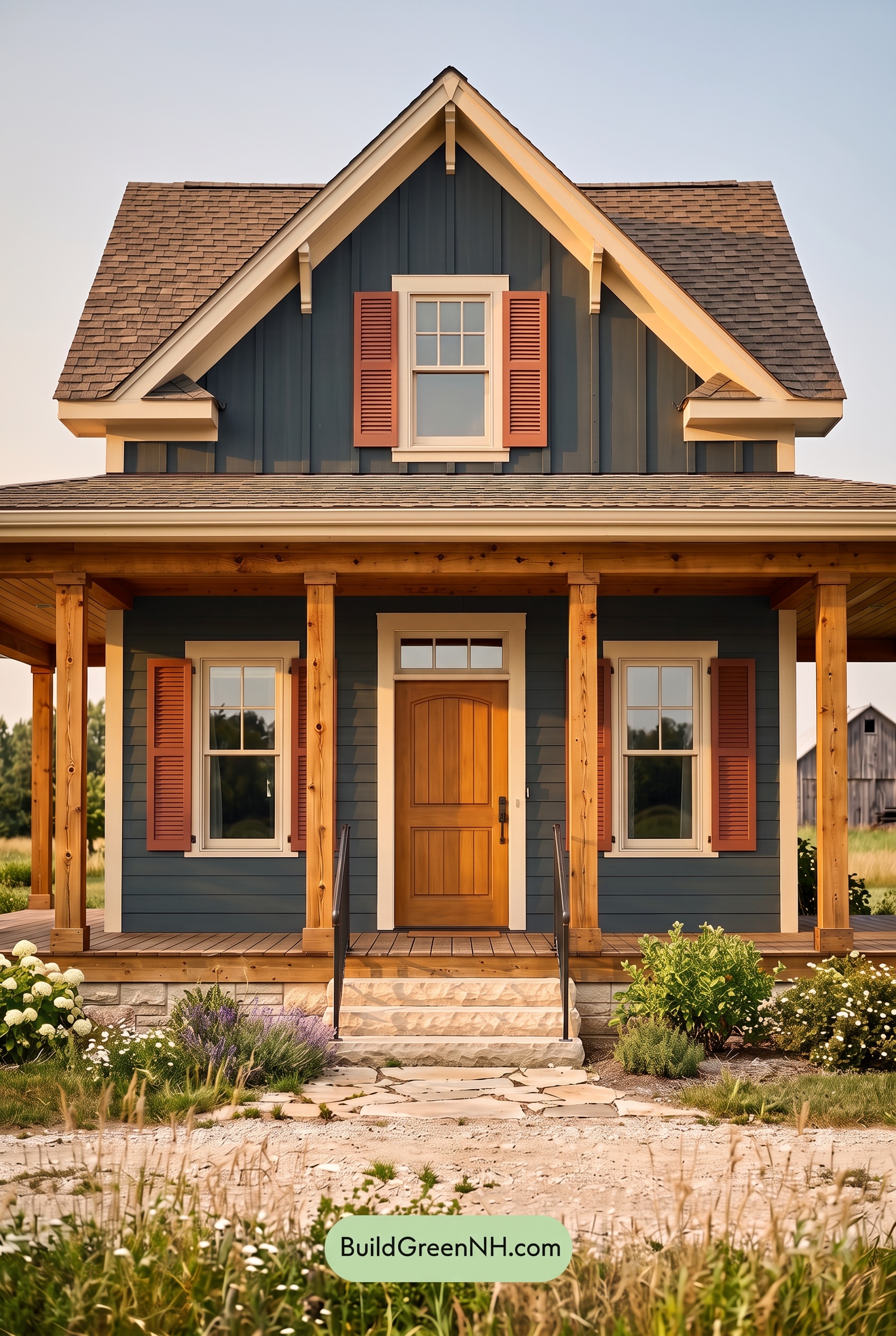 Dark Blue House Exterior with Wood Color Scheme: Ink Cedar Solace - Golden Hour