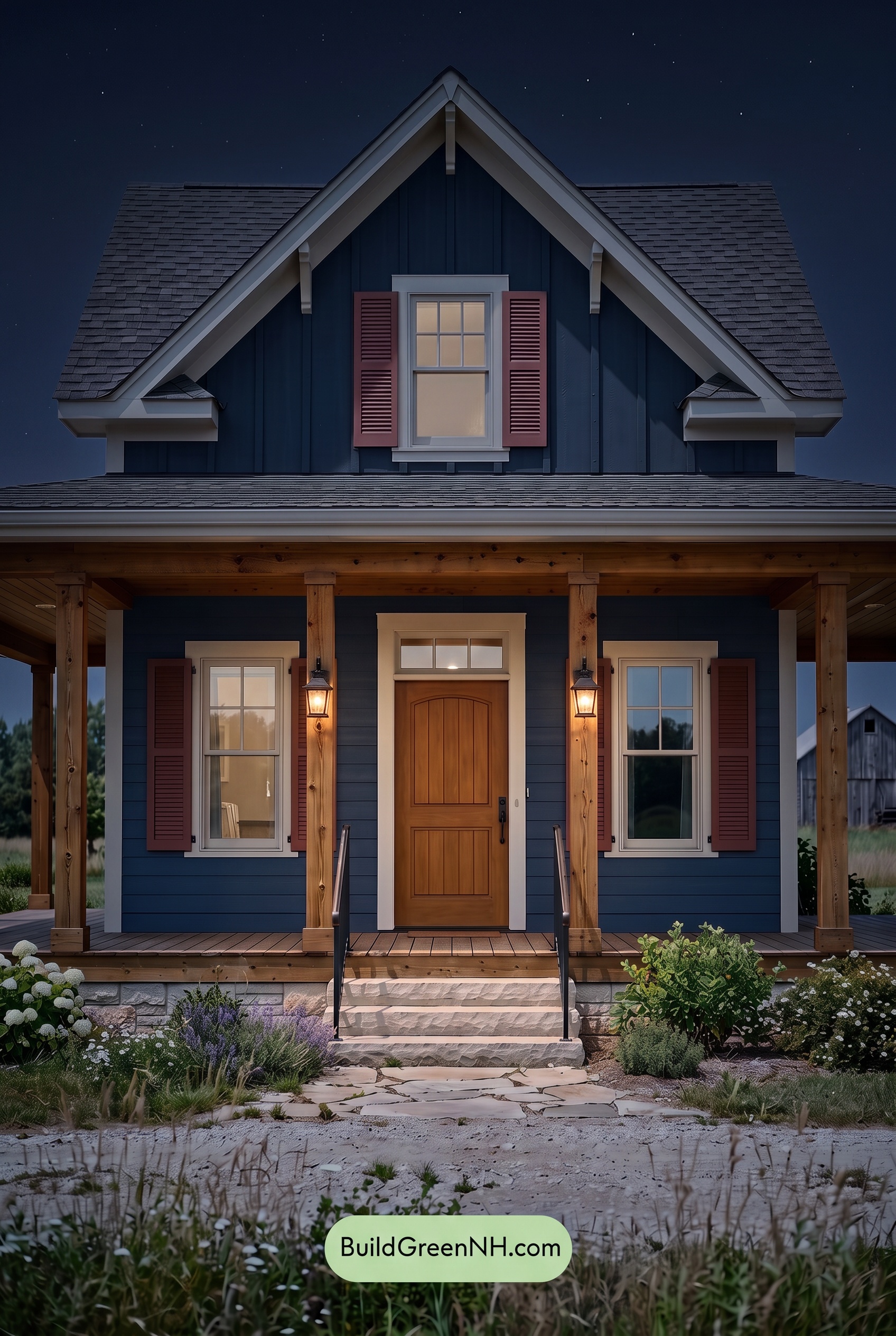 Dark Blue House Exterior with Wood Color Scheme: Ink Cedar Solace - Nighttime