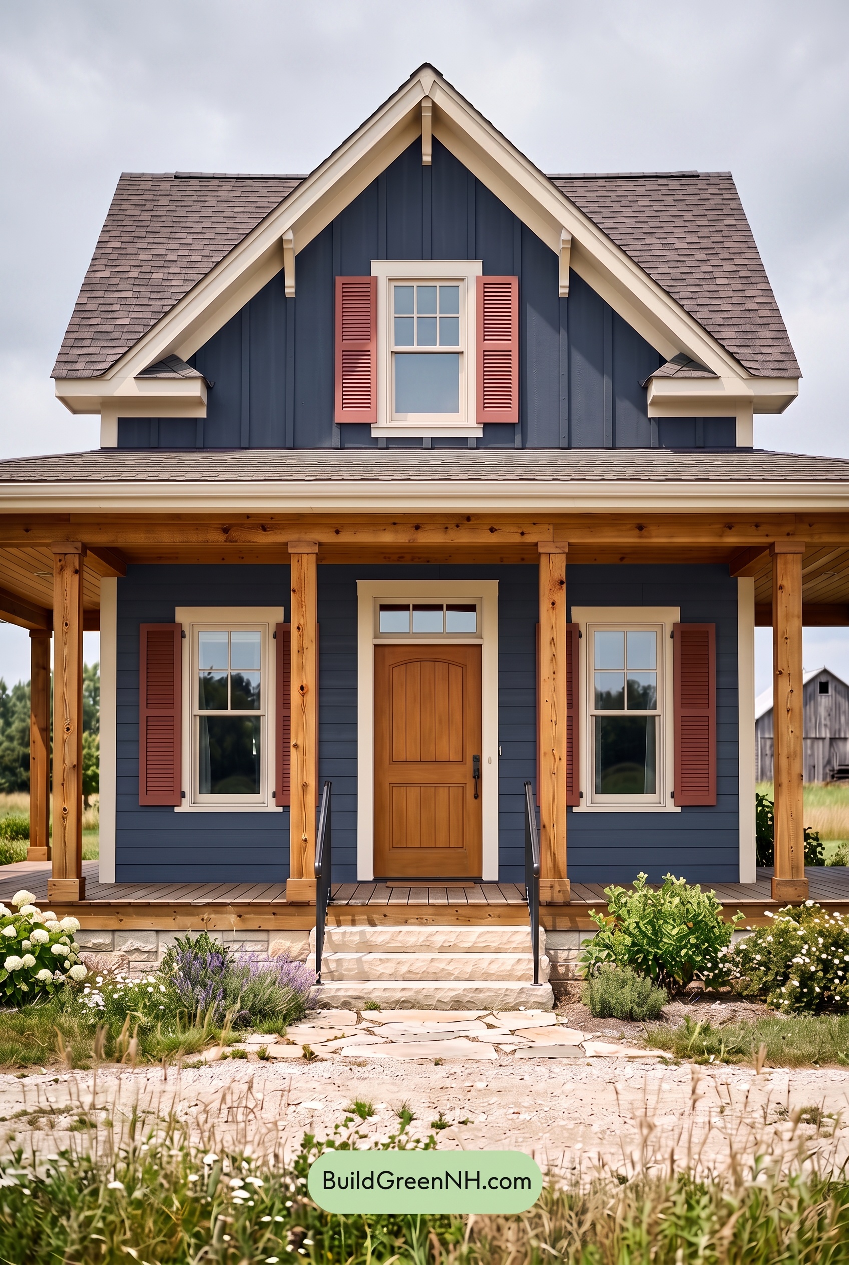 Dark Blue House Exterior with Wood Color Scheme: Ink Cedar Solace - Overcast