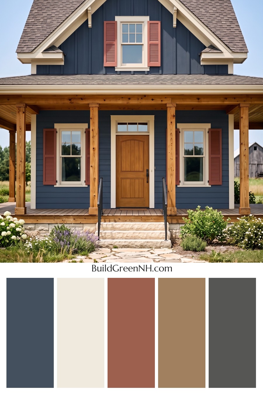 Dark Blue House Exterior with Wood Color Scheme: Ink Cedar Solace