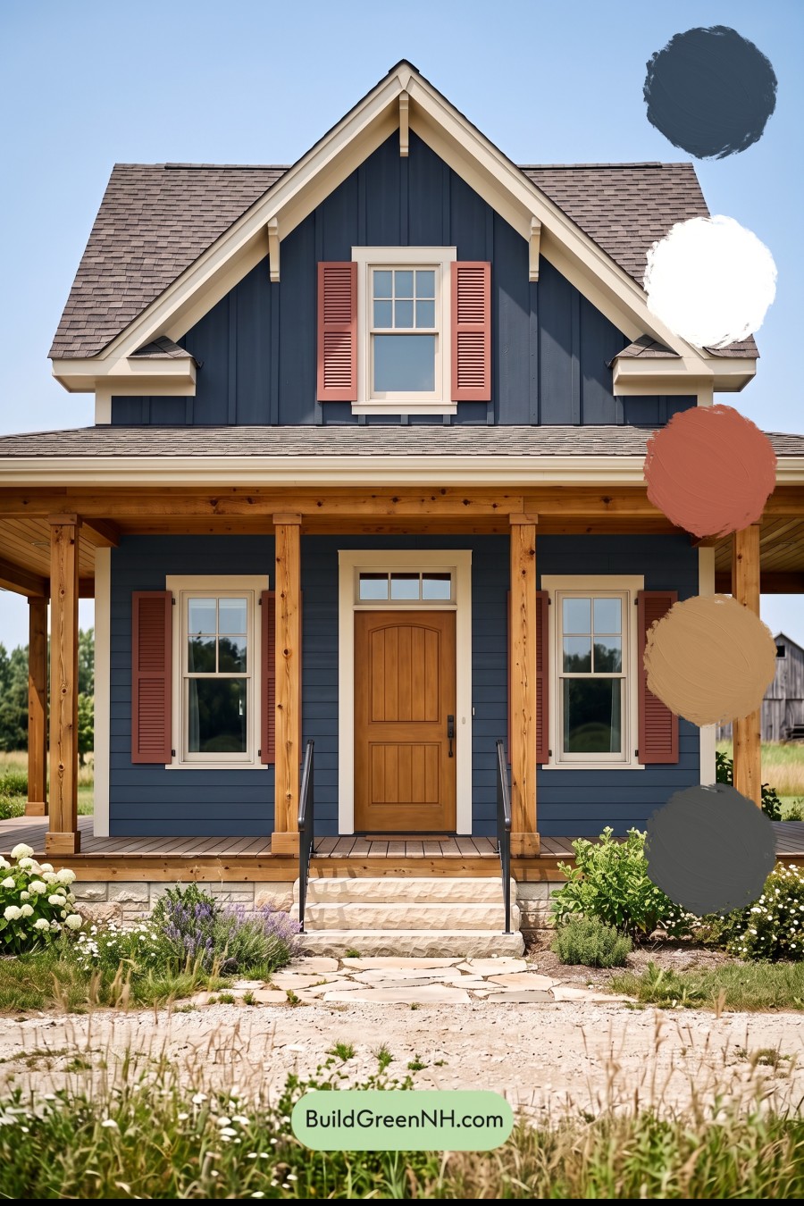 Dark Blue House Exterior with Wood Color Scheme: Ink Cedar Solace