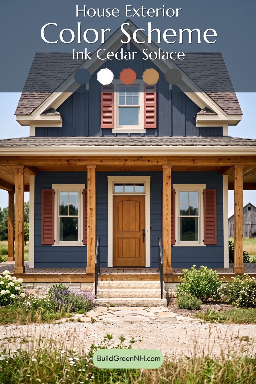 Dark Blue House Exterior with Wood Color Scheme: Ink Cedar Solace