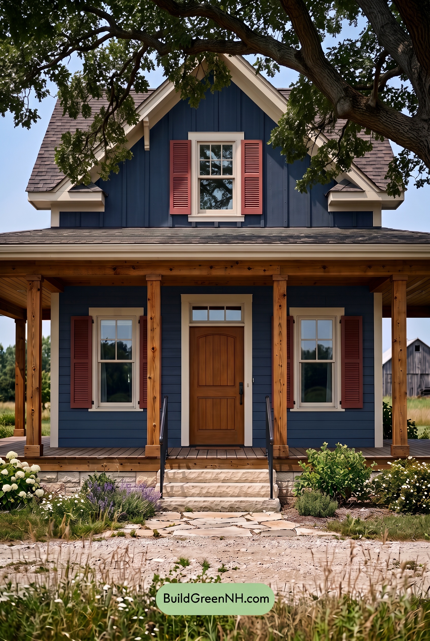 Dark Blue House Exterior with Wood Color Scheme: Ink Cedar Solace - Shade