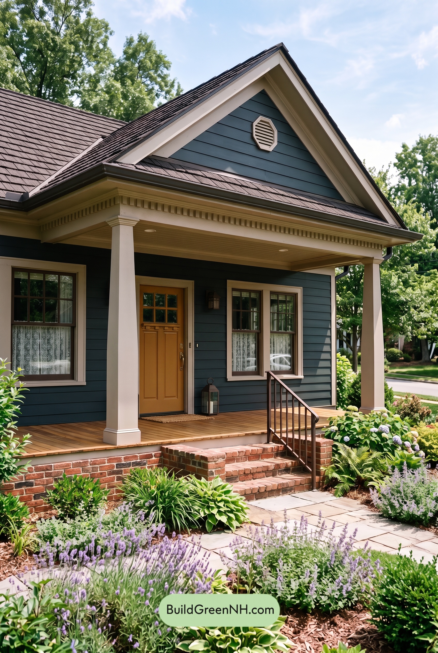 Dark Blue House Exterior with Wood Color Scheme: Juniper Brick Welcome