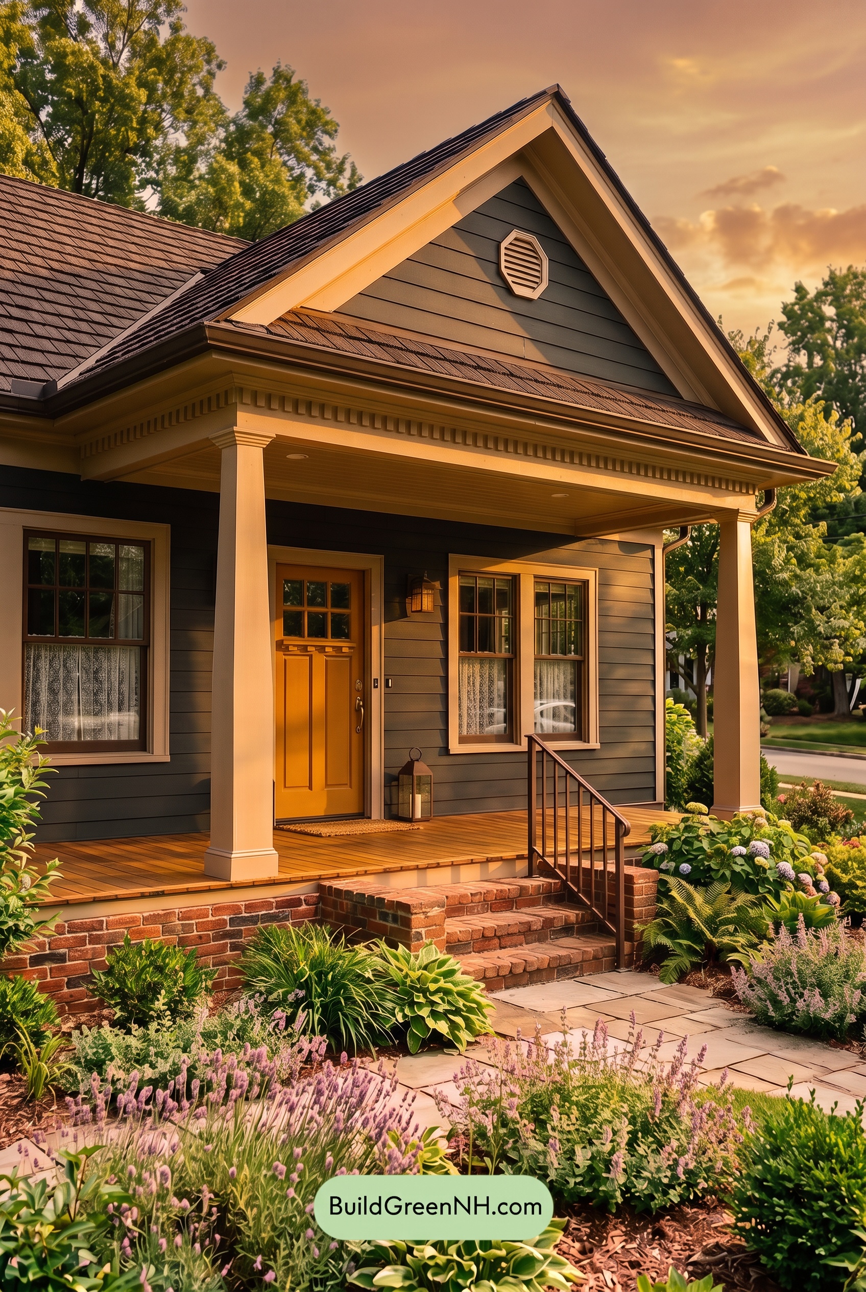Dark Blue House Exterior with Wood Color Scheme: Juniper Brick Welcome - Golden Hour
