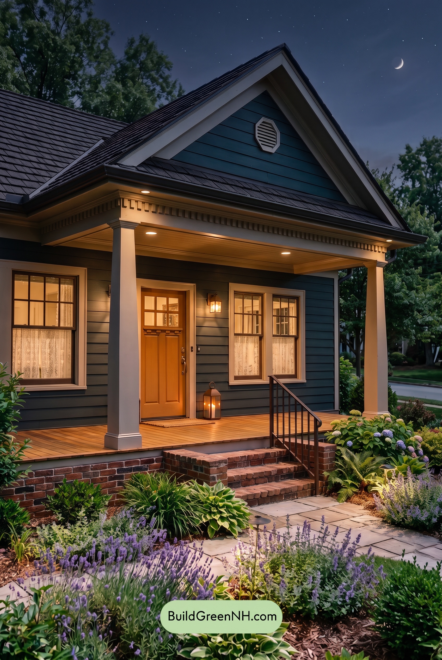 Dark Blue House Exterior with Wood Color Scheme: Juniper Brick Welcome - Nighttime