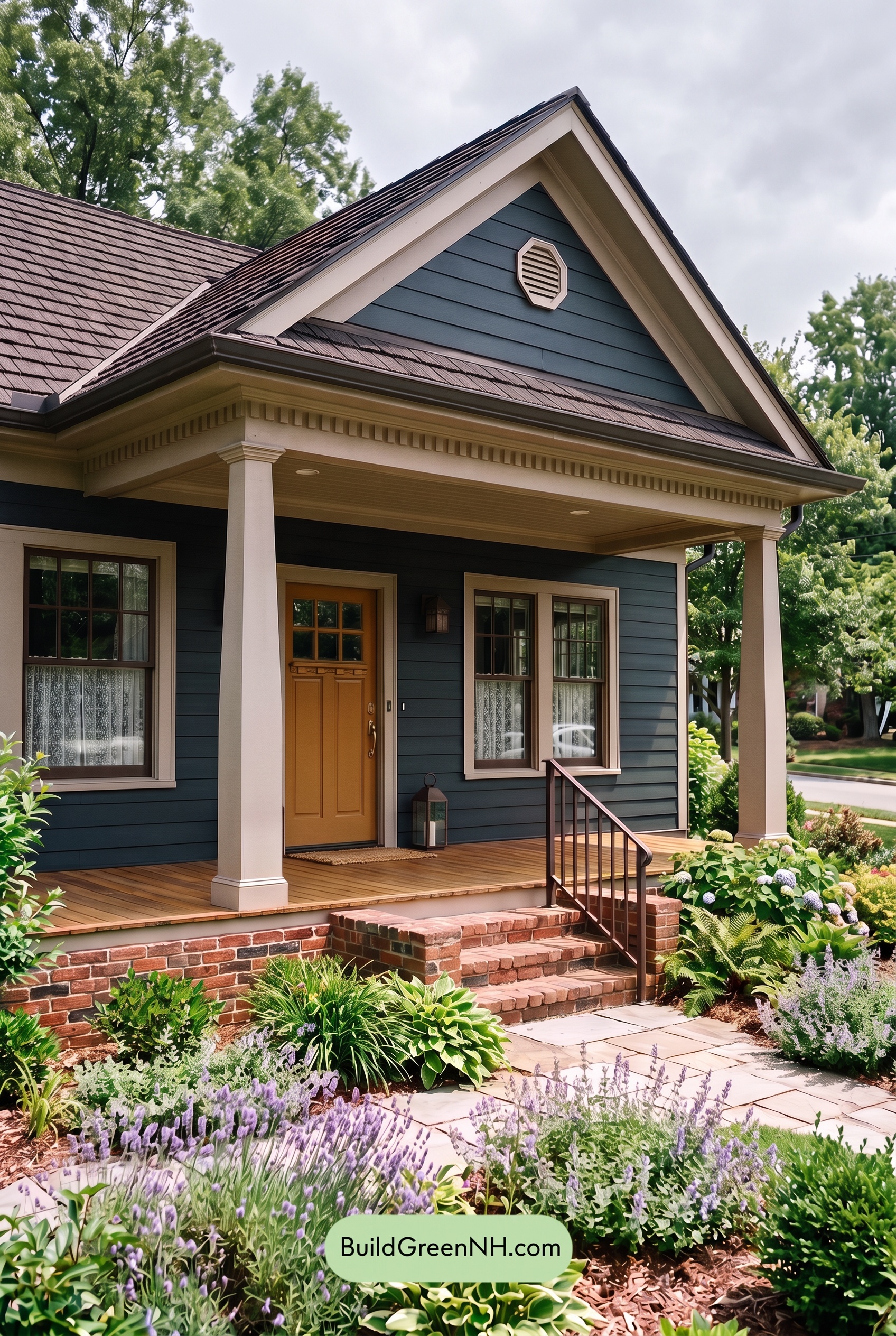 Dark Blue House Exterior with Wood Color Scheme: Juniper Brick Welcome - Overcast