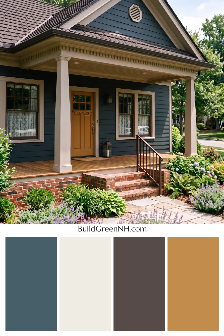 Dark Blue House Exterior with Wood Color Scheme: Juniper Brick Welcome