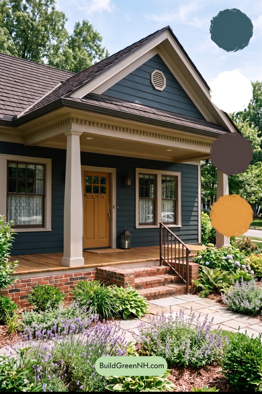 Dark Blue House Exterior with Wood Color Scheme: Juniper Brick Welcome