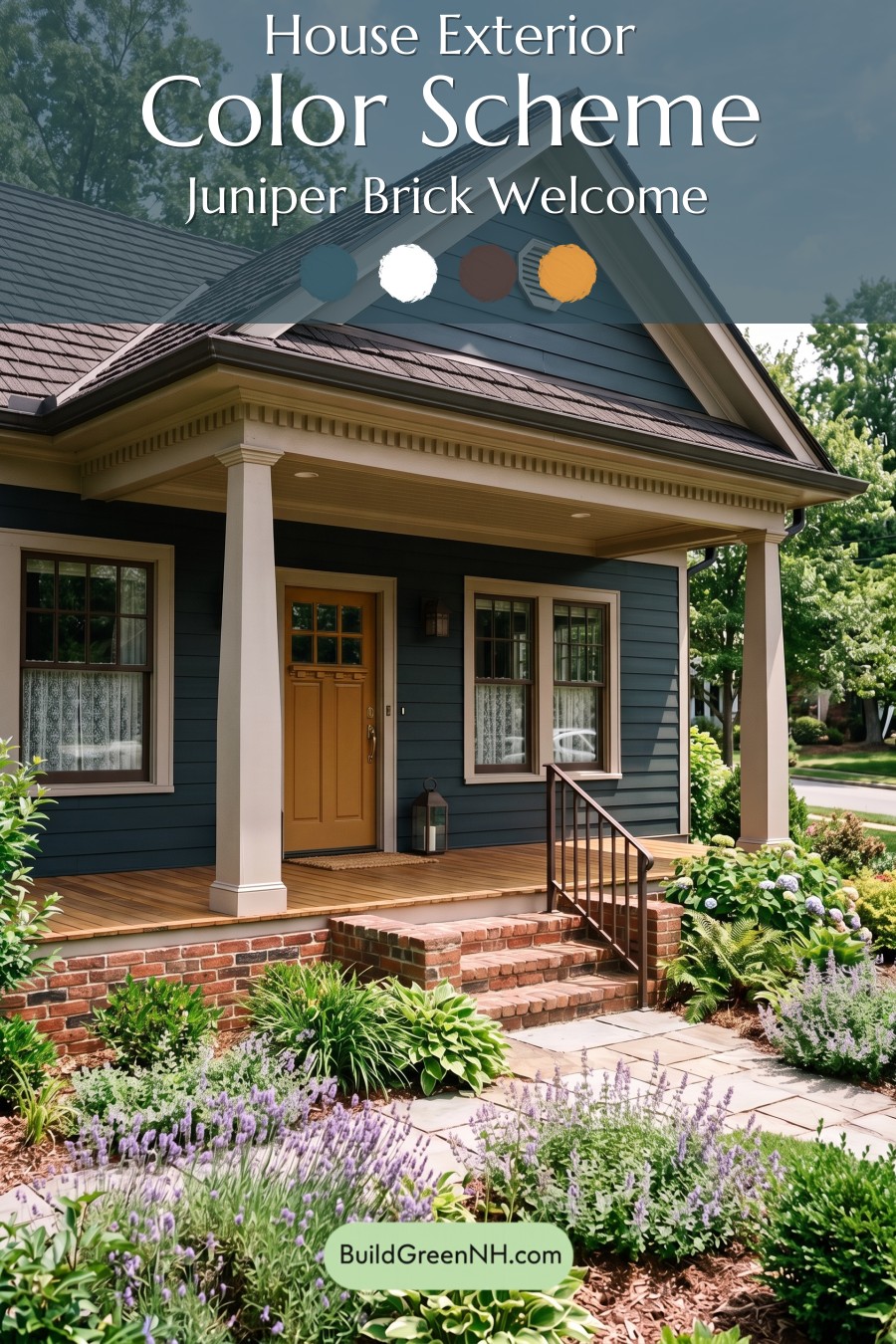 Dark Blue House Exterior with Wood Color Scheme: Juniper Brick Welcome