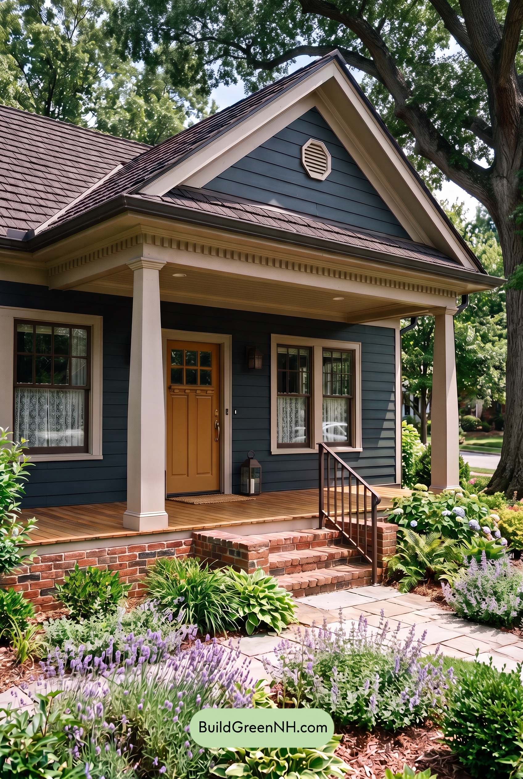 Dark Blue House Exterior with Wood Color Scheme: Juniper Brick Welcome - Shade