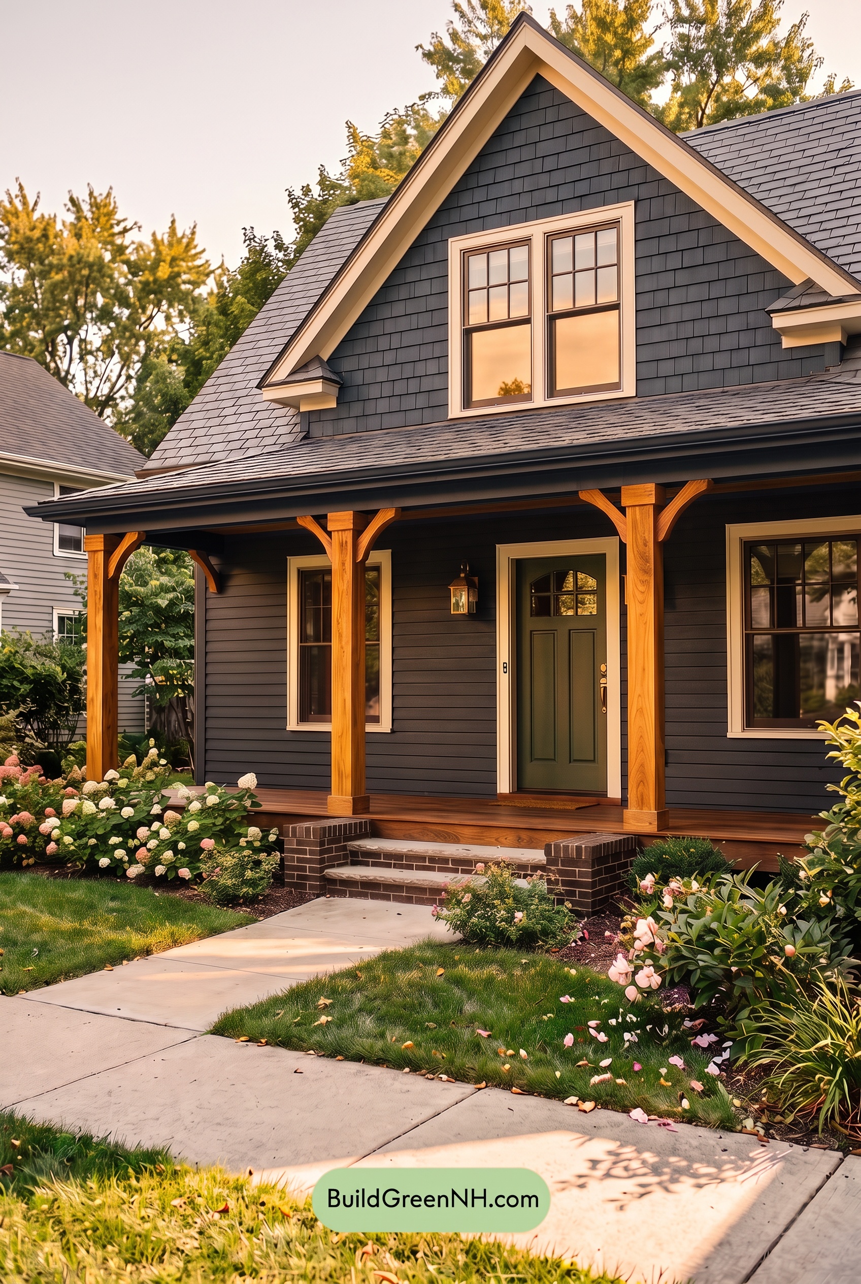 Dark Blue House Exterior with Wood Color Scheme: Marine Walnut Stillness - Golden Hour