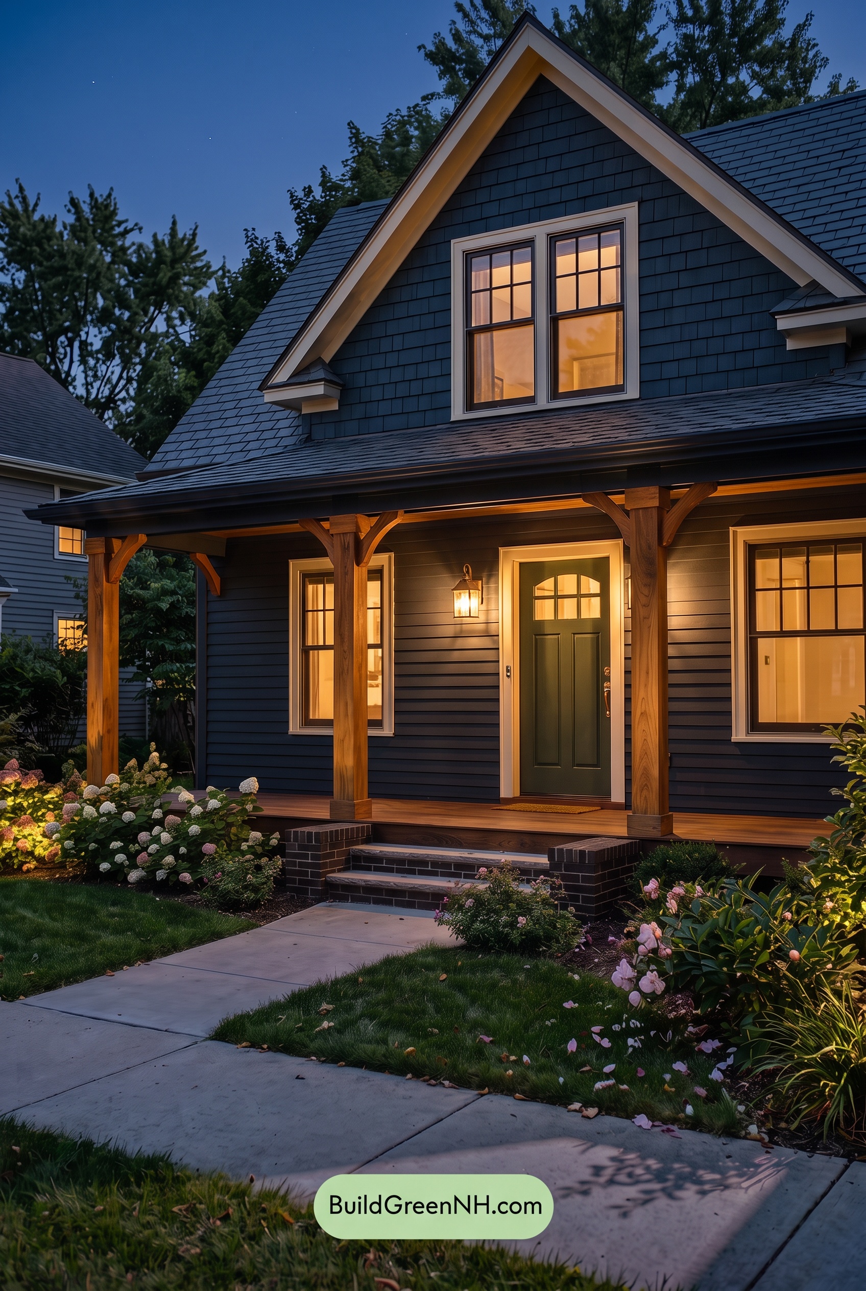 Dark Blue House Exterior with Wood Color Scheme: Marine Walnut Stillness - Nighttime