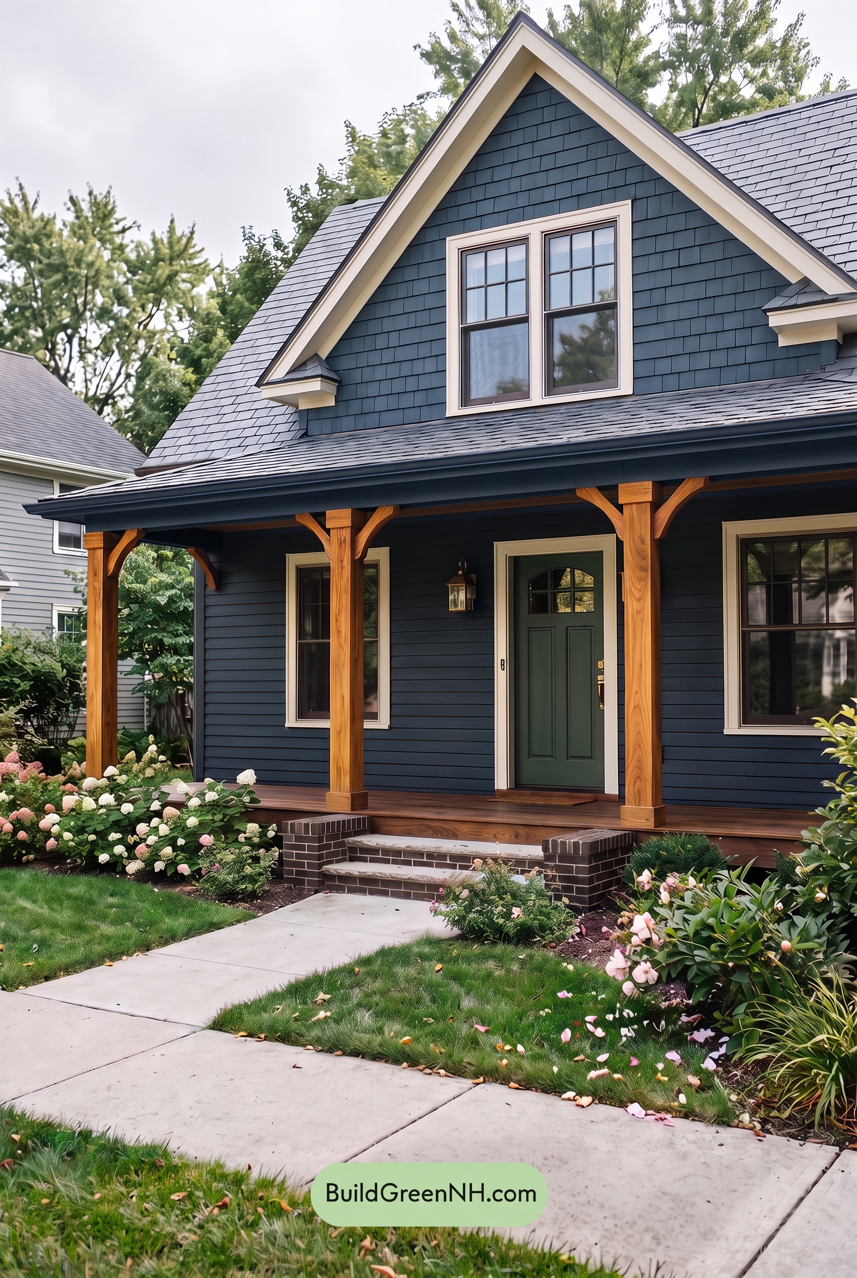 Dark Blue House Exterior with Wood Color Scheme: Marine Walnut Stillness - Overcast