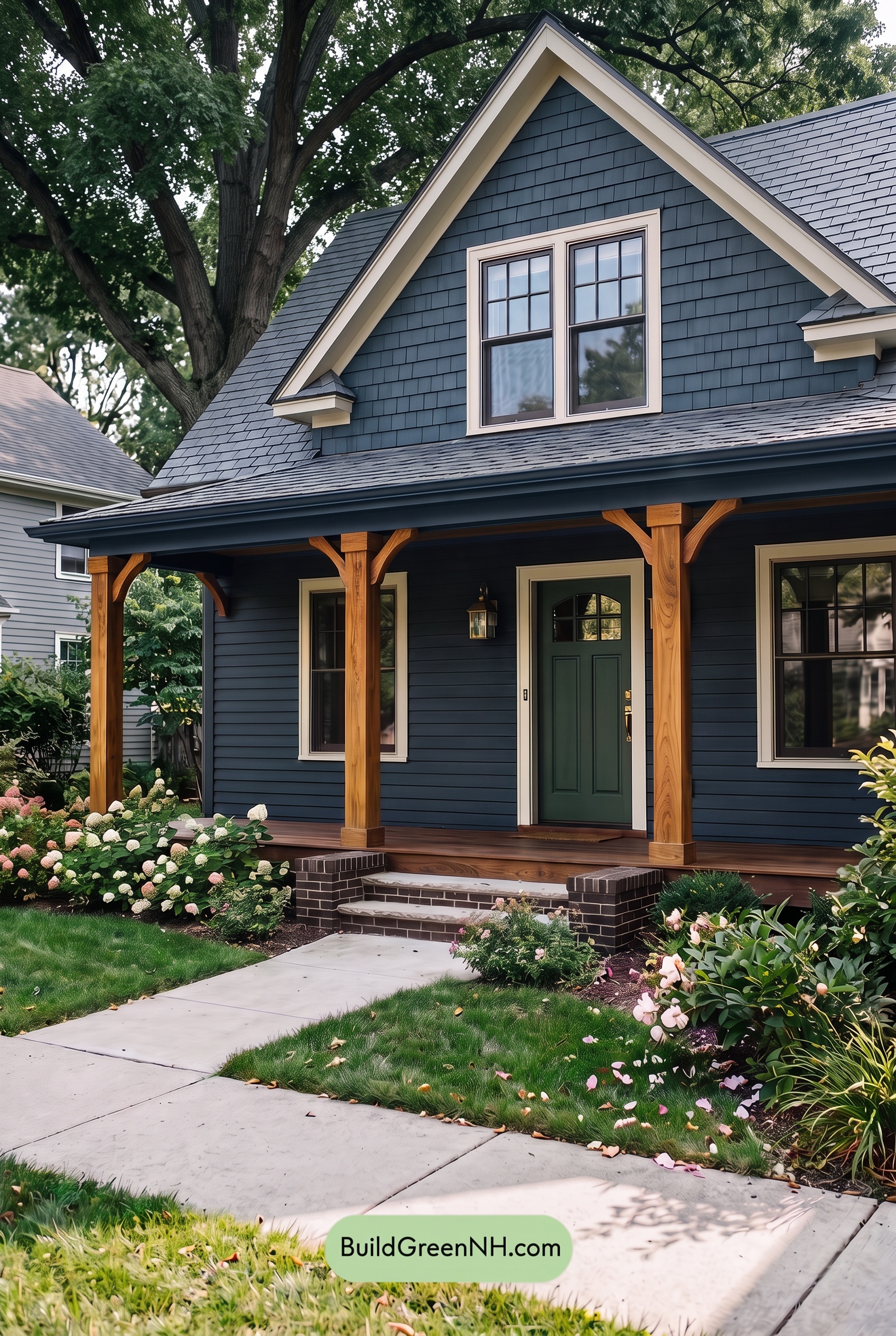 Dark Blue House Exterior with Wood Color Scheme: Marine Walnut Stillness - Shade