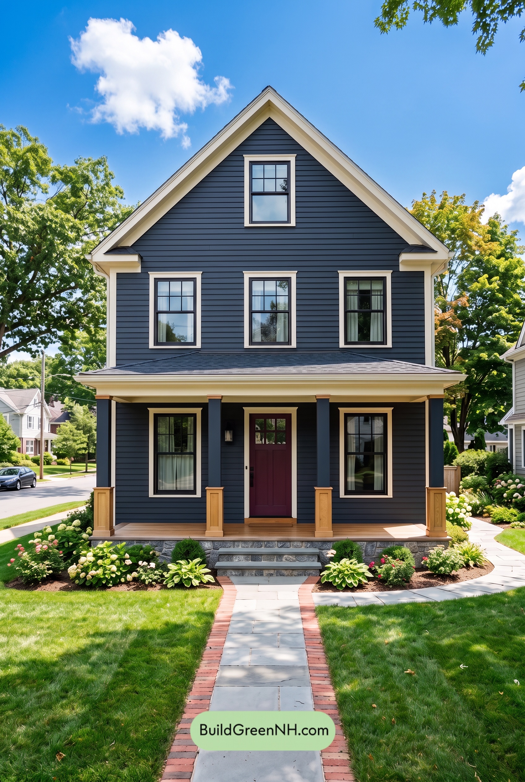 Dark Blue House Exterior with Wood Color Scheme: Midnight Cedar Welcome