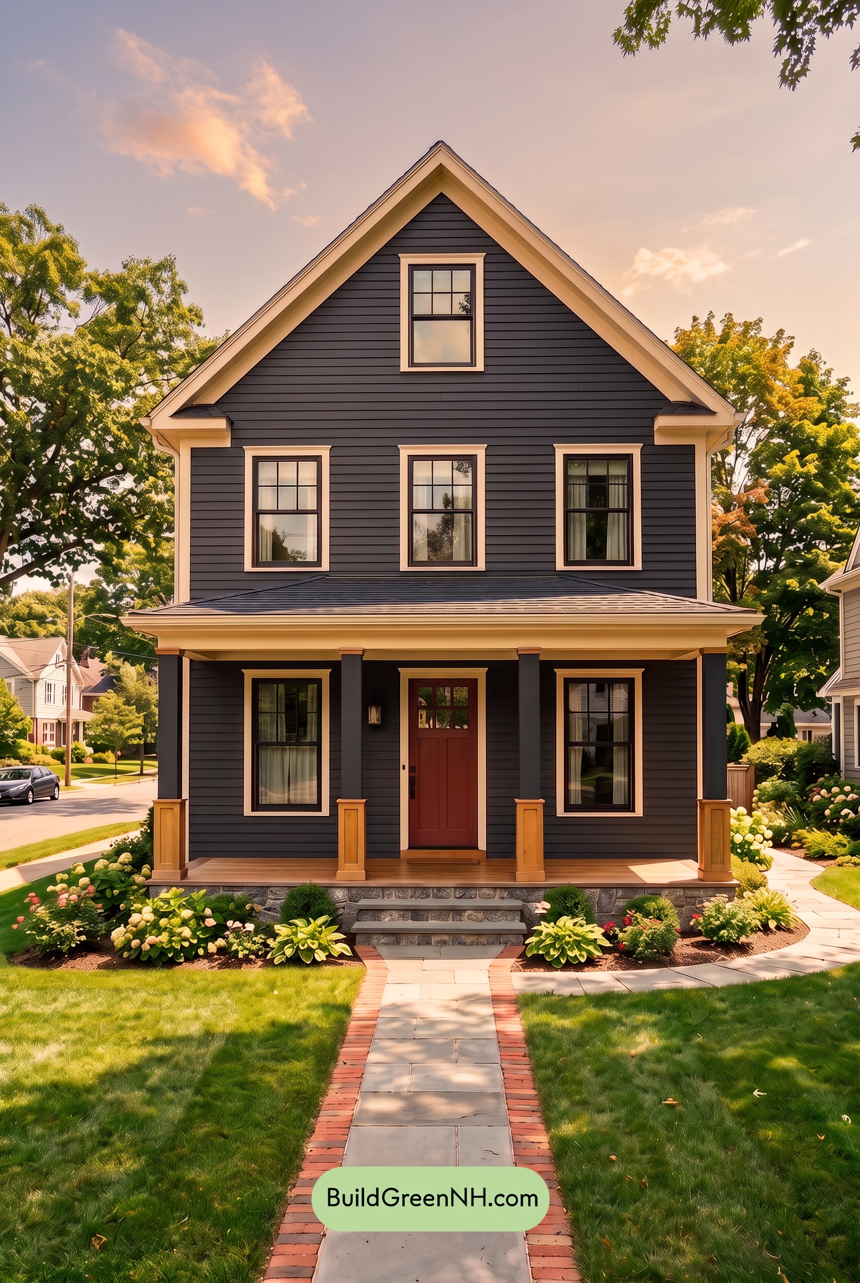 Dark Blue House Exterior with Wood Color Scheme: Midnight Cedar Welcome - Golden Hour