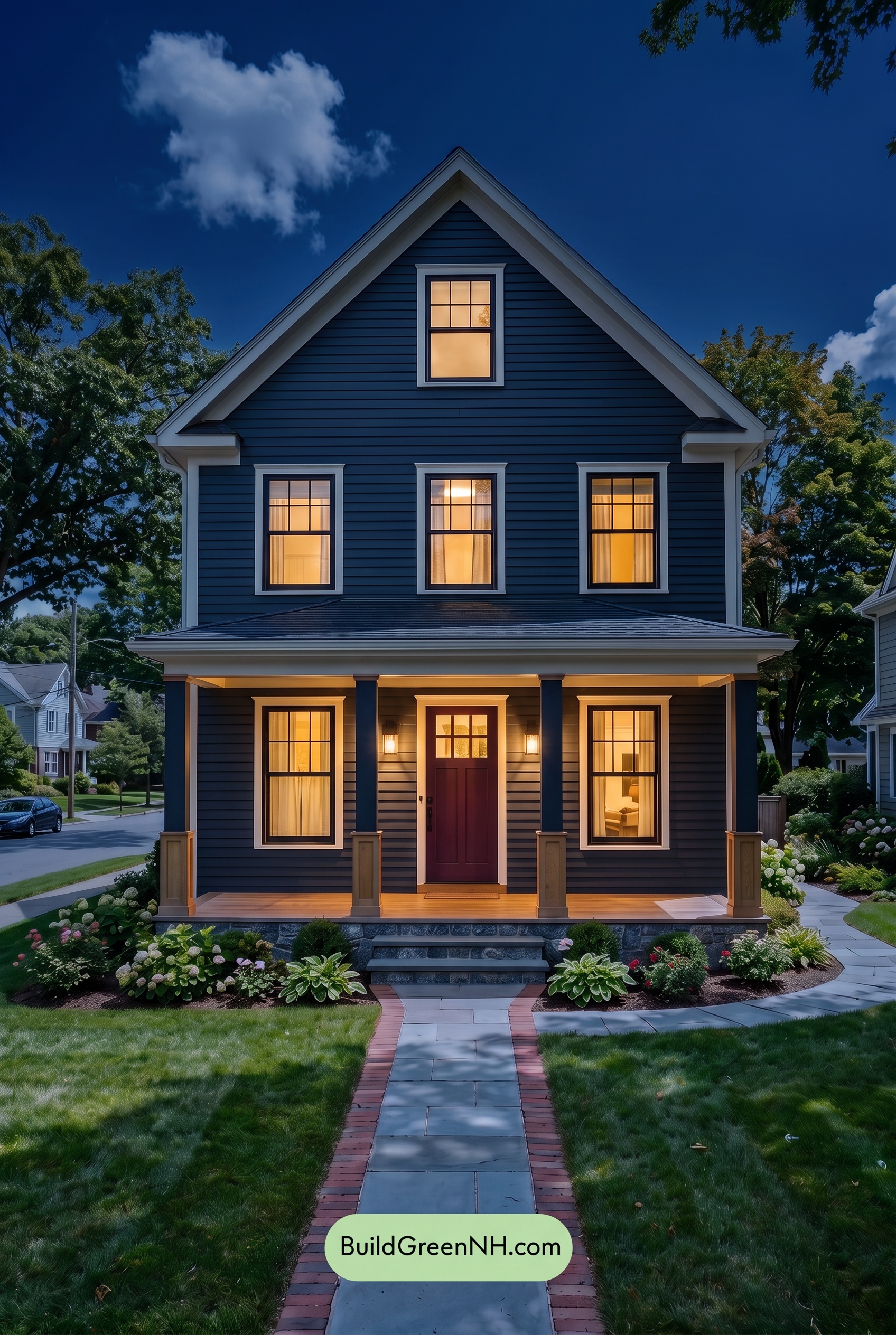 Dark Blue House Exterior with Wood Color Scheme: Midnight Cedar Welcome - Nighttime