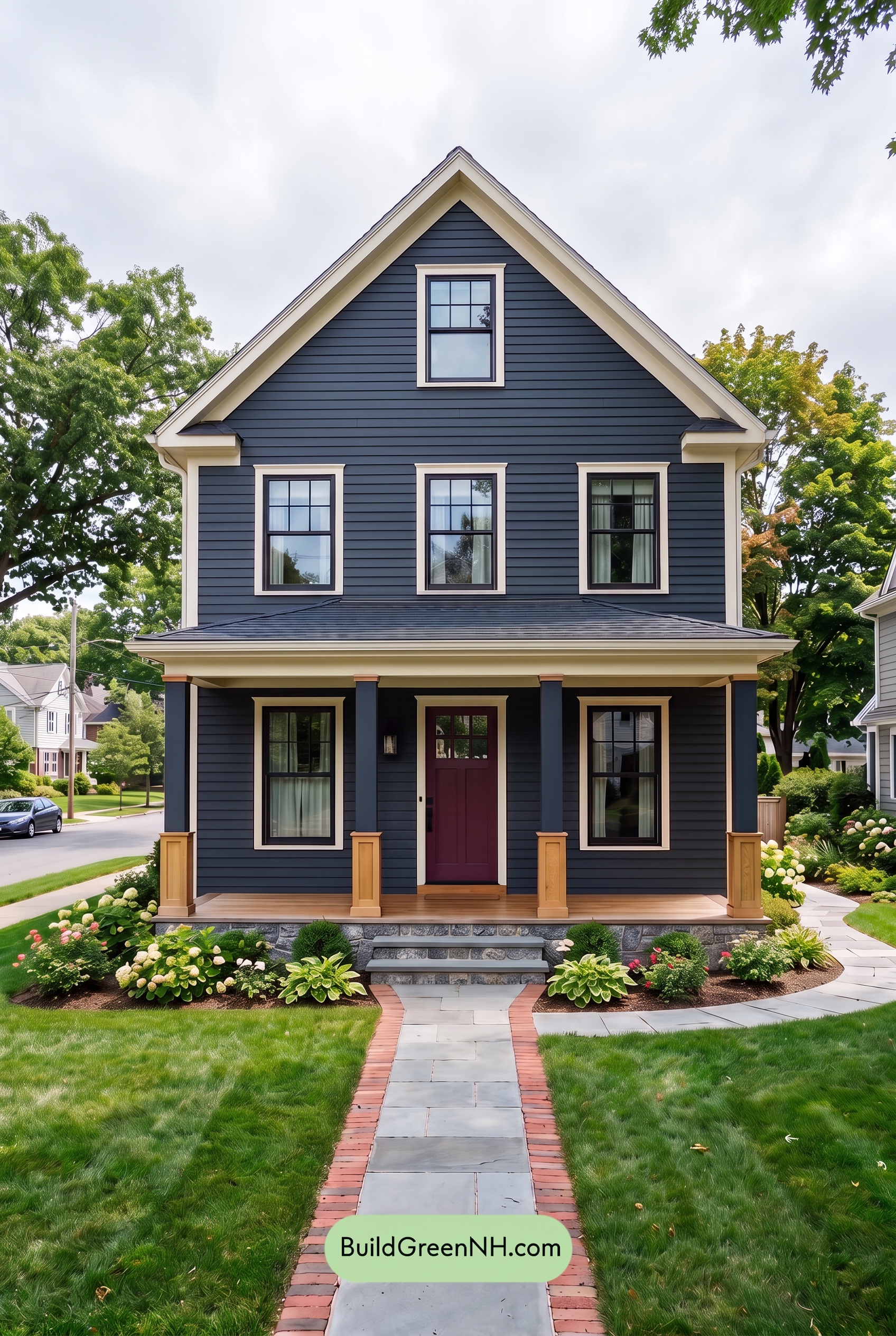 Dark Blue House Exterior with Wood Color Scheme: Midnight Cedar Welcome - Overcast