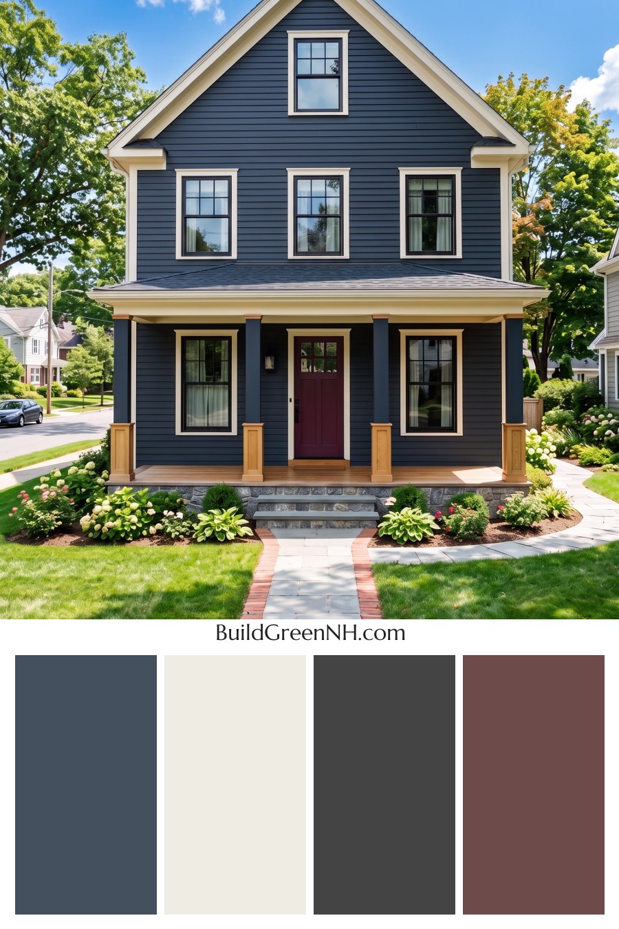 Dark Blue House Exterior with Wood Color Scheme: Midnight Cedar Welcome