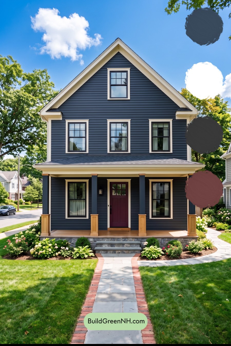 Dark Blue House Exterior with Wood Color Scheme: Midnight Cedar Welcome