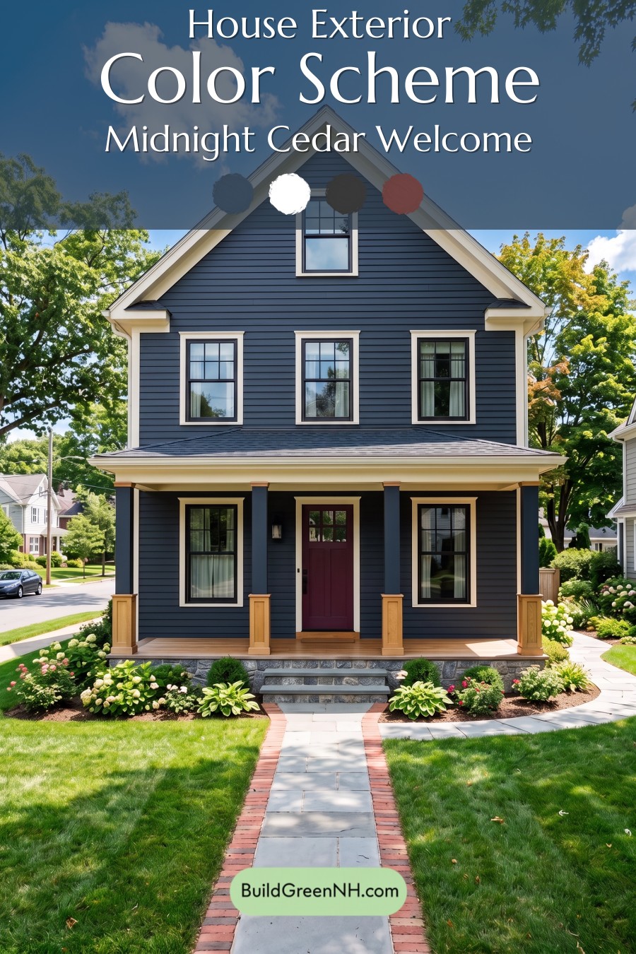 Dark Blue House Exterior with Wood Color Scheme: Midnight Cedar Welcome