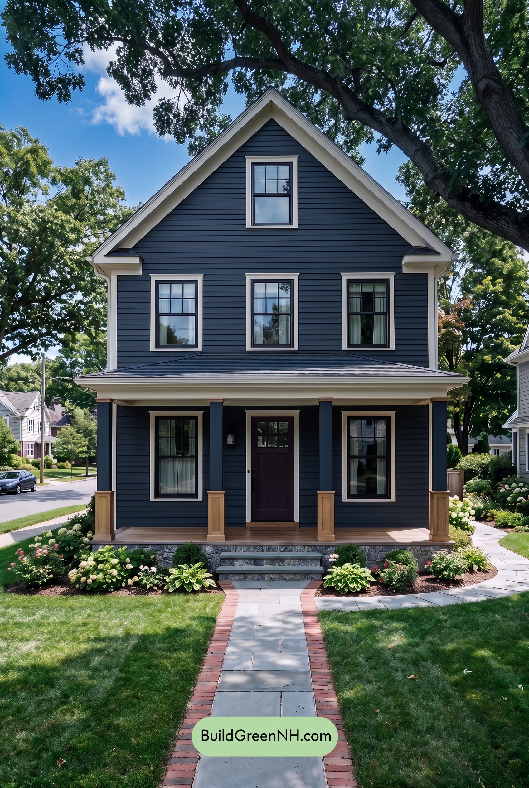 Dark Blue House Exterior with Wood Color Scheme: Midnight Cedar Welcome - Shade