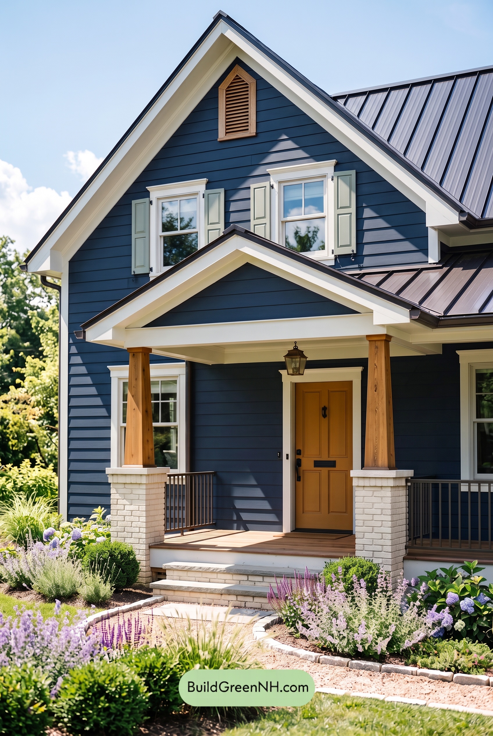 Dark Blue House Exterior with Wood Color Scheme: Navy Birch Reverie