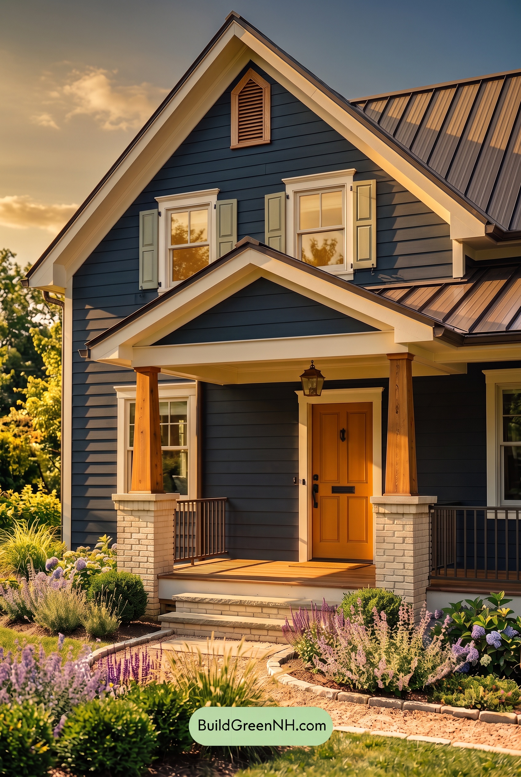 Dark Blue House Exterior with Wood Color Scheme: Navy Birch Reverie - Golden Hour