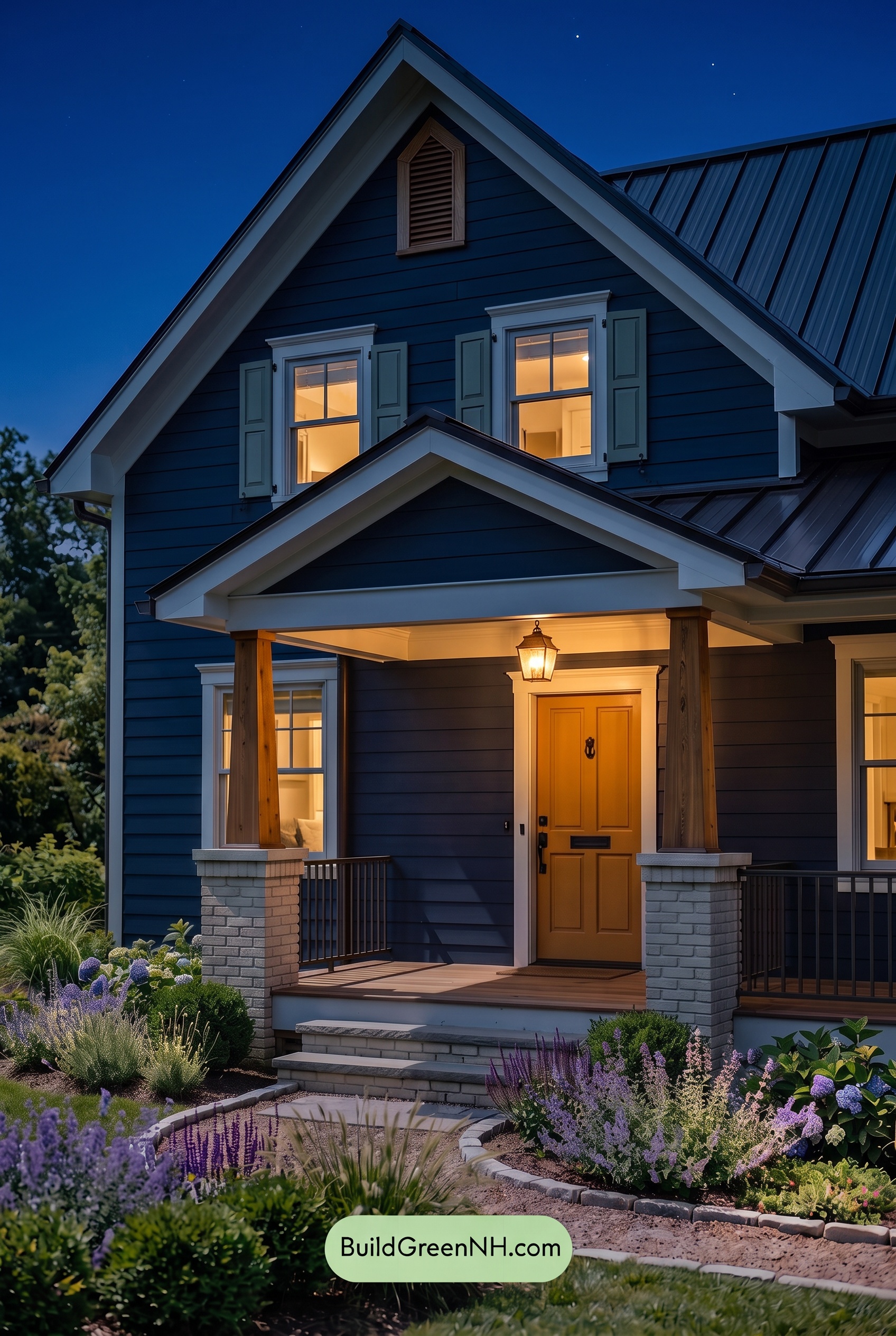 Dark Blue House Exterior with Wood Color Scheme: Navy Birch Reverie - Nighttime