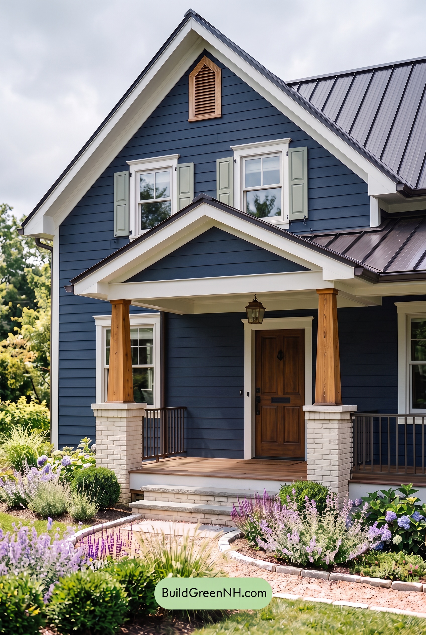 Dark Blue House Exterior with Wood Color Scheme: Navy Birch Reverie - Overcast
