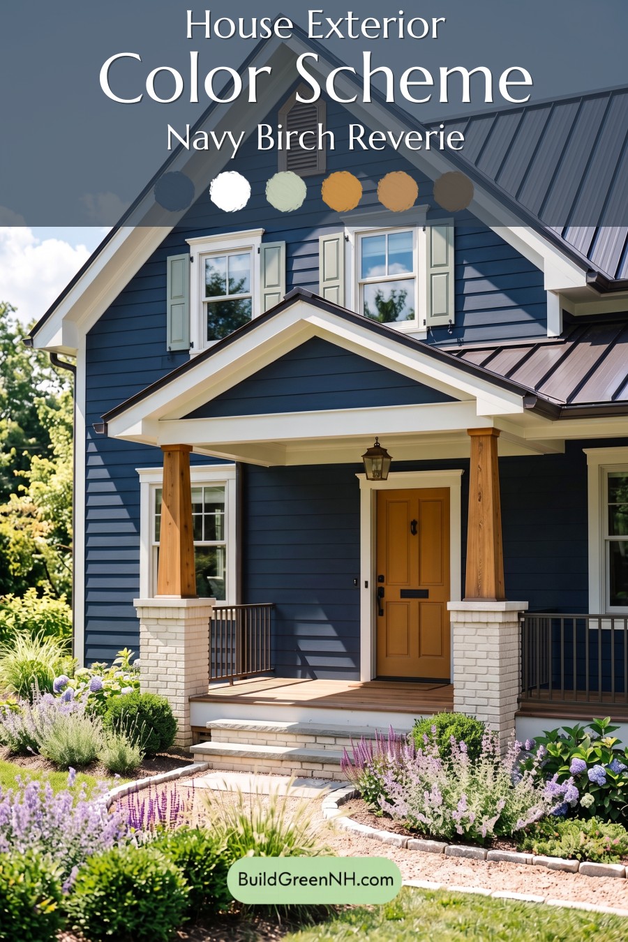 Dark Blue House Exterior with Wood Color Scheme: Navy Birch Reverie