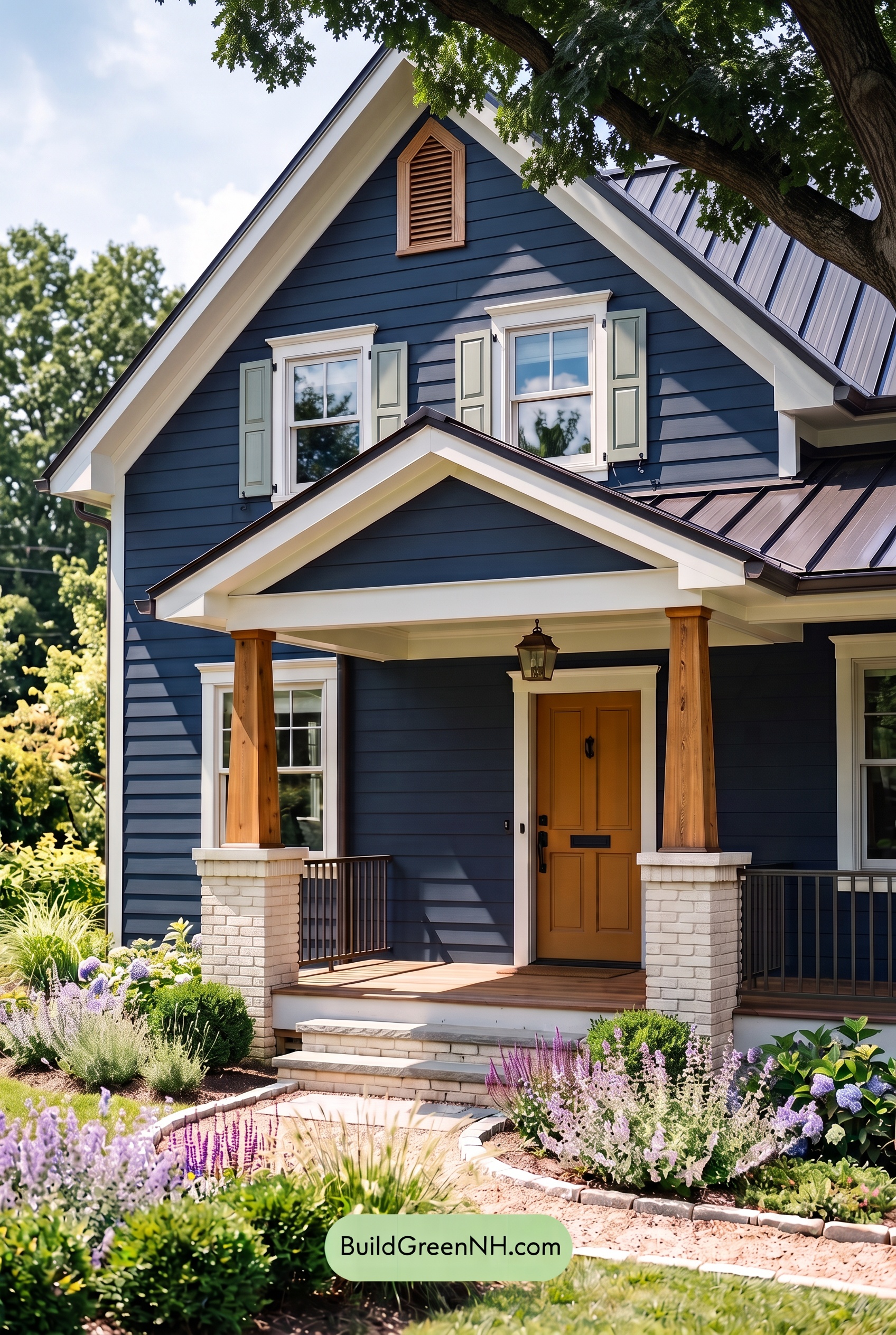 Dark Blue House Exterior with Wood Color Scheme: Navy Birch Reverie - Shade