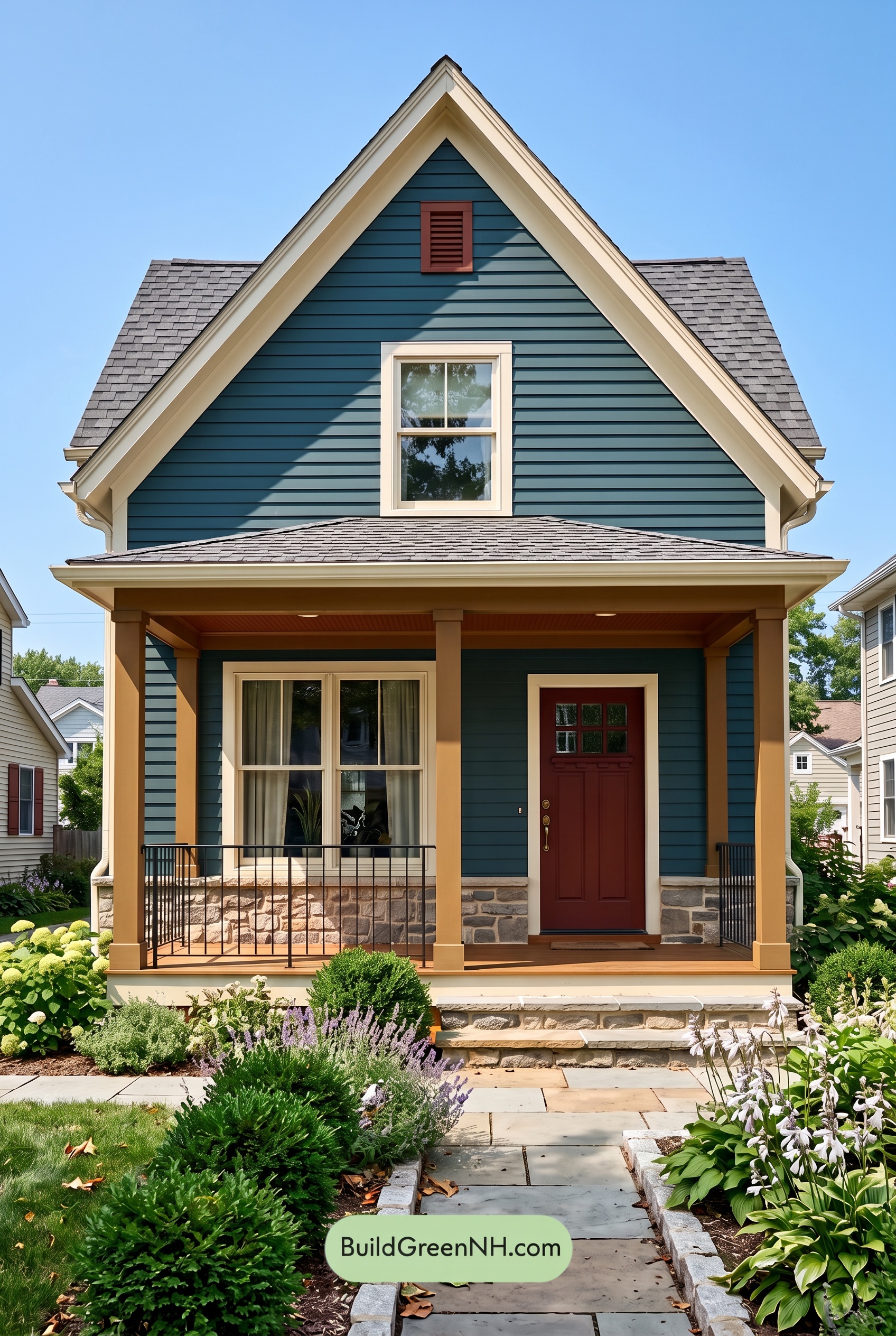 Dark Blue House Exterior with Wood Color Scheme: Prussian Maple Poise