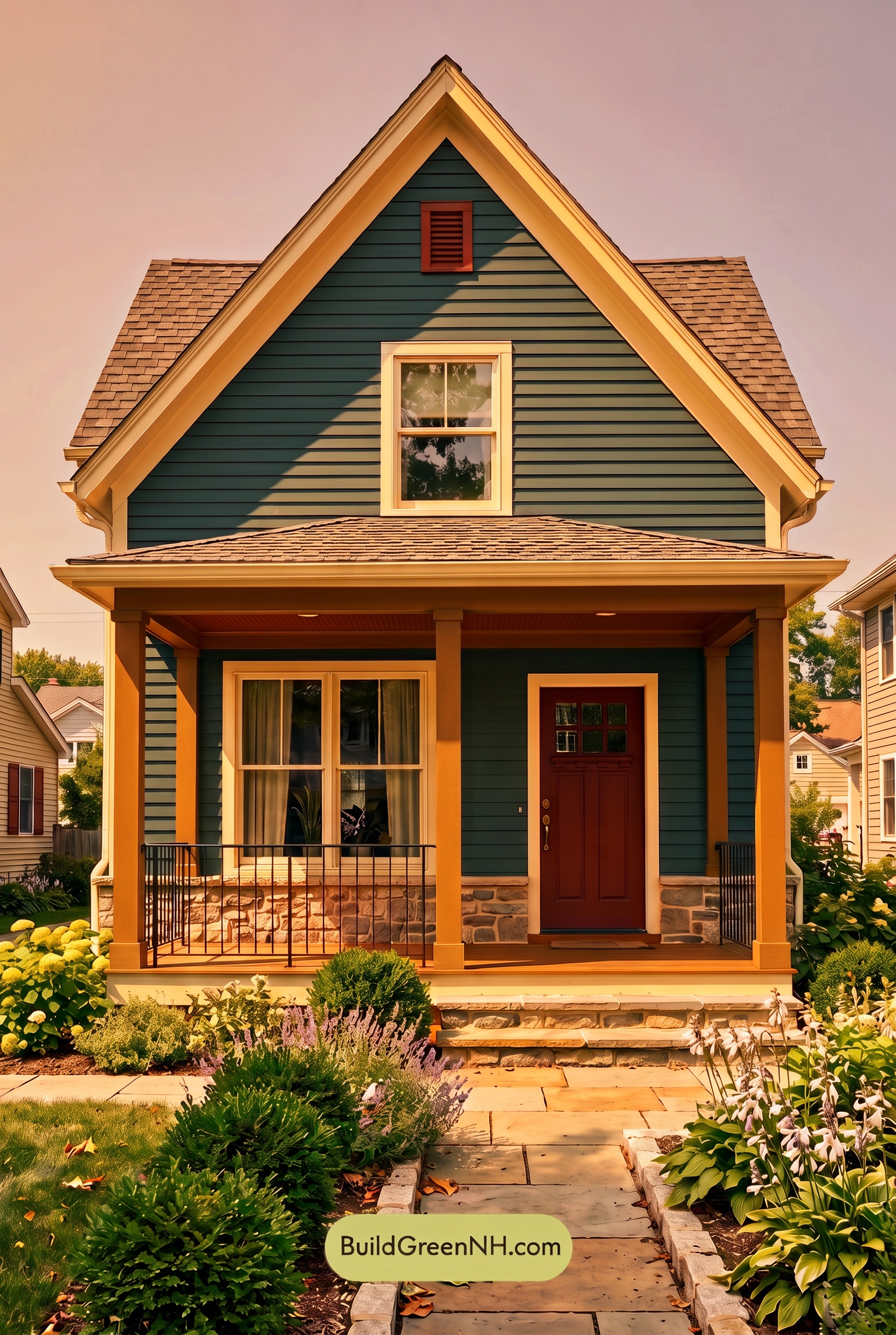 Dark Blue House Exterior with Wood Color Scheme: Prussian Maple Poise - Golden Hour