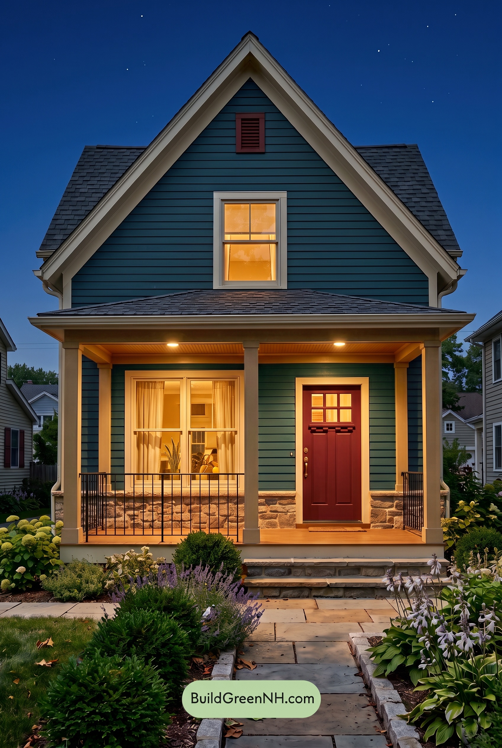 Dark Blue House Exterior with Wood Color Scheme: Prussian Maple Poise - Nighttime
