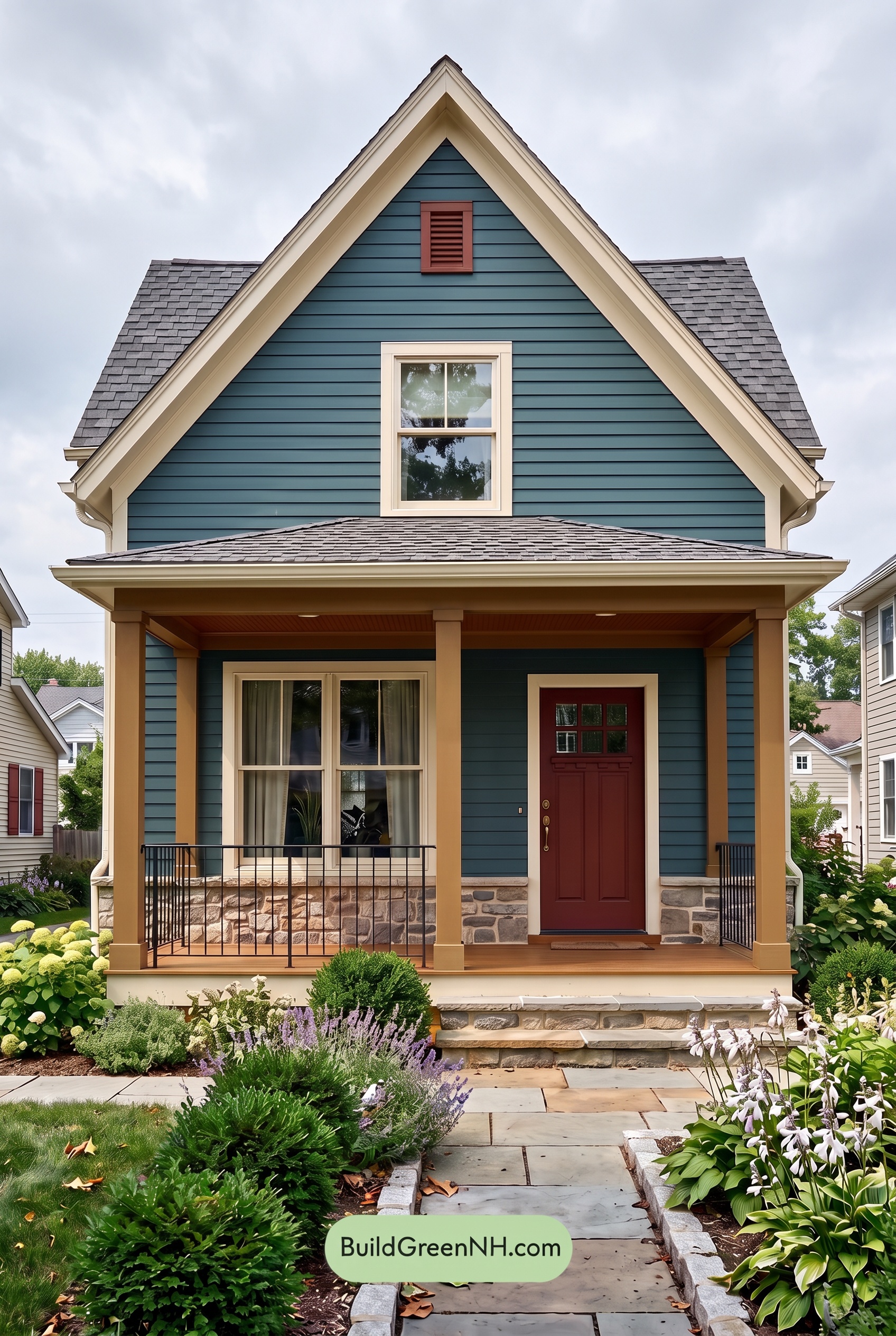 Dark Blue House Exterior with Wood Color Scheme: Prussian Maple Poise - Overcast