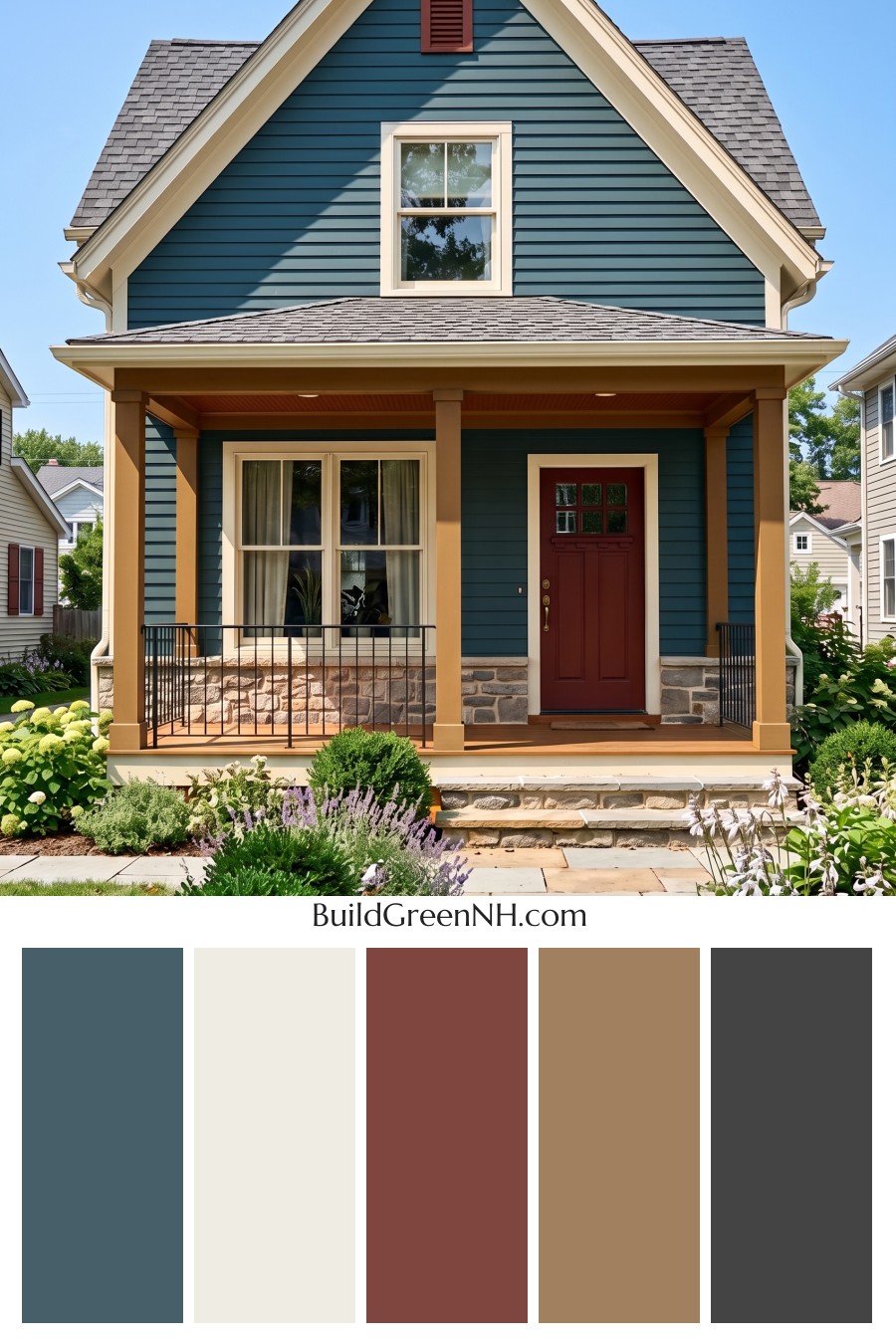 Dark Blue House Exterior with Wood Color Scheme: Prussian Maple Poise