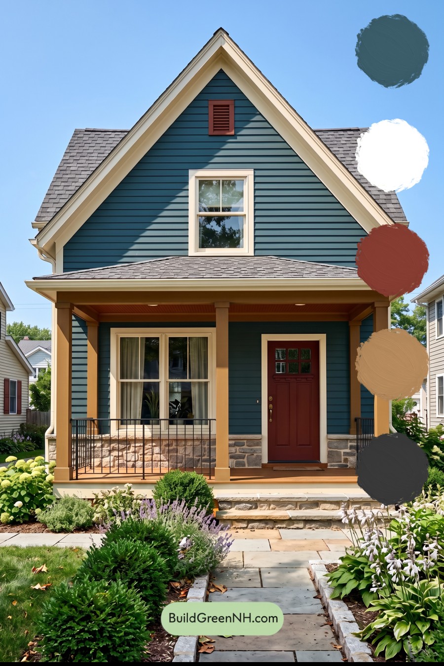 Dark Blue House Exterior with Wood Color Scheme: Prussian Maple Poise