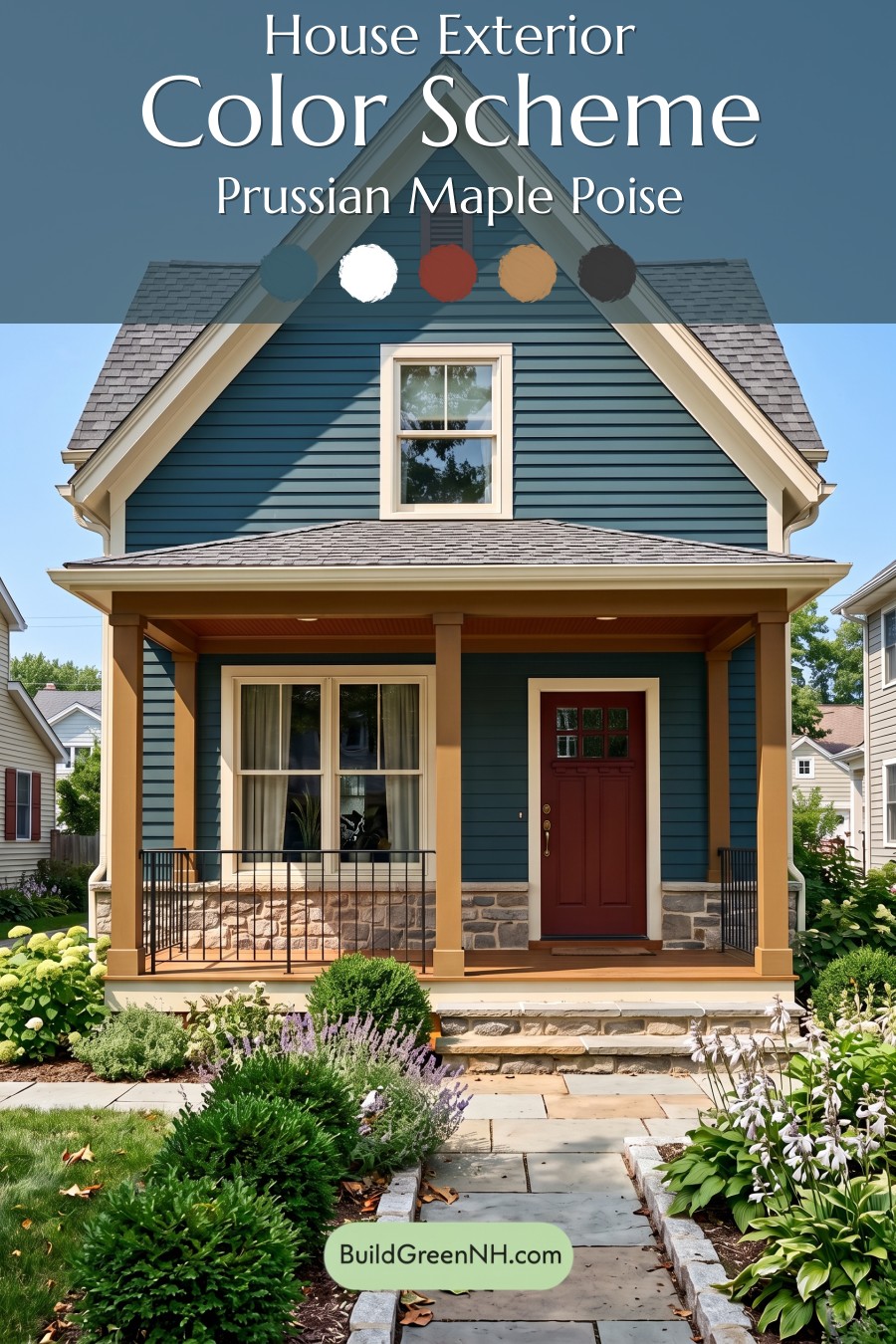 Dark Blue House Exterior with Wood Color Scheme: Prussian Maple Poise