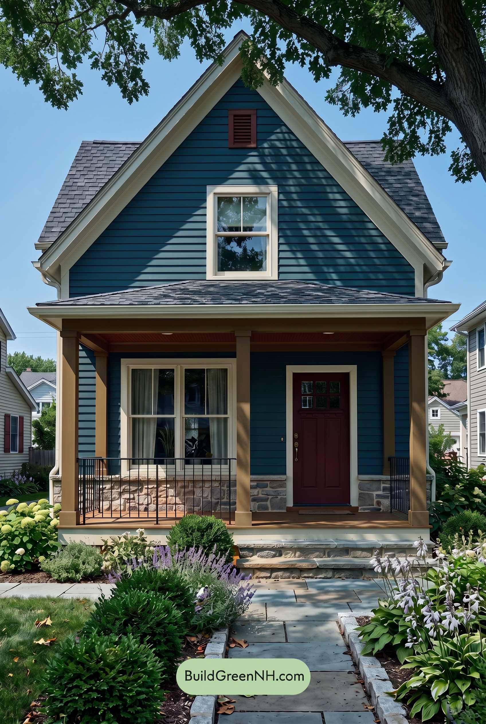 Dark Blue House Exterior with Wood Color Scheme: Prussian Maple Poise - Shade