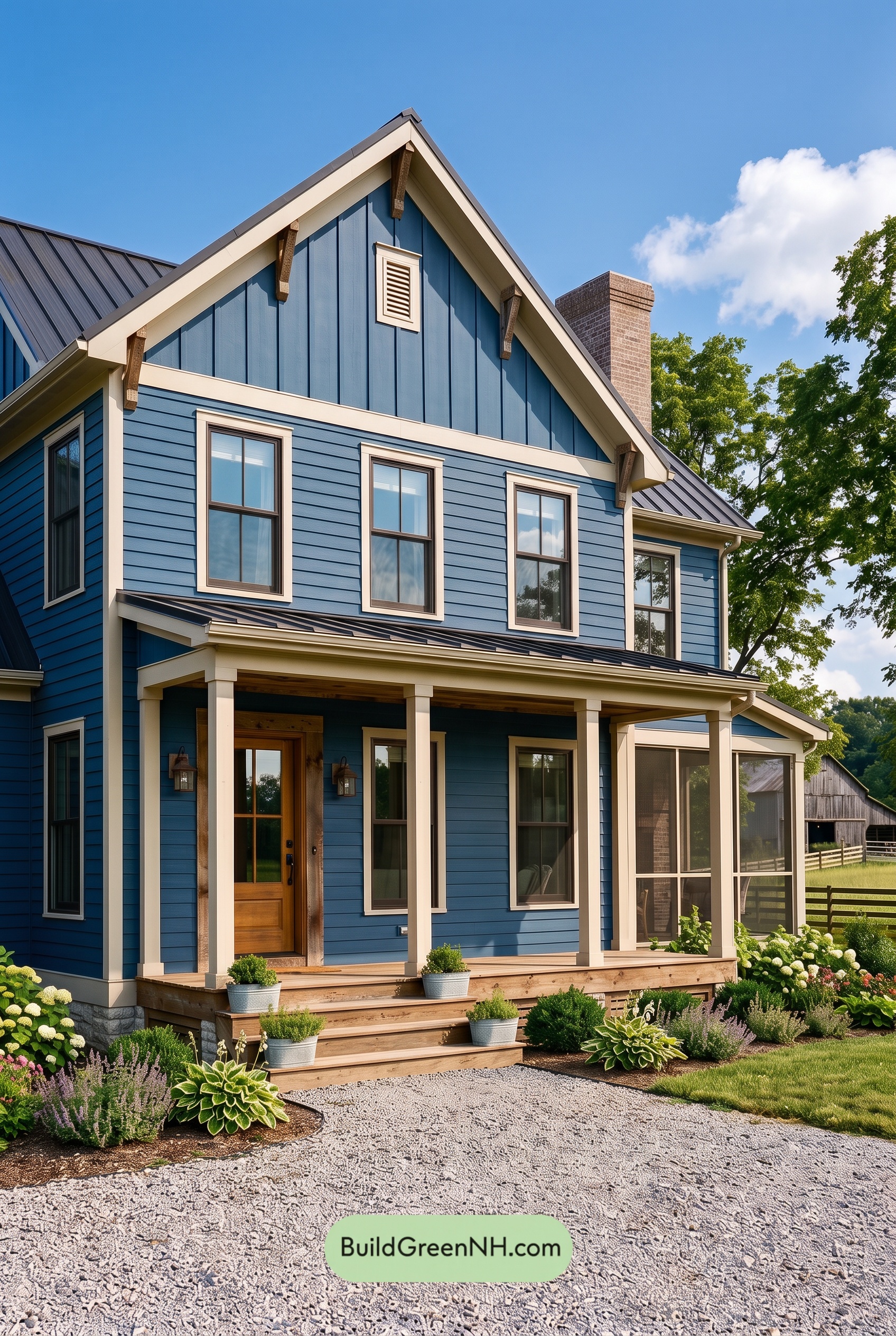 Dark Blue House Exterior with Wood Color Scheme: Sapphire Barnwood Grace