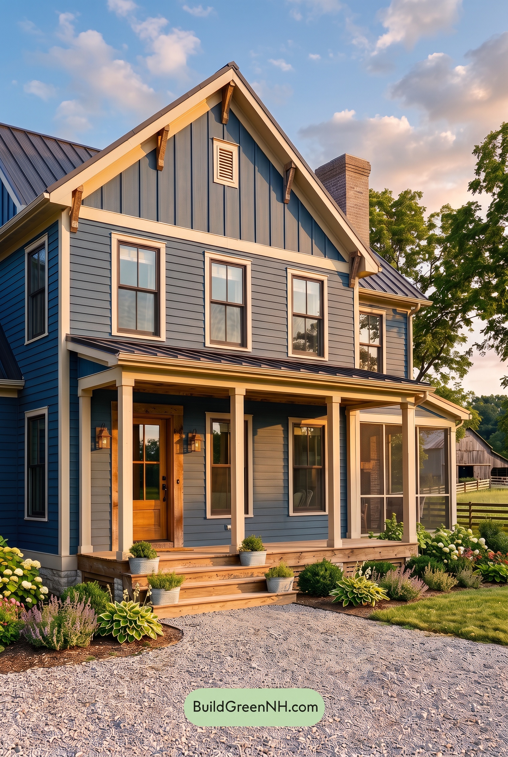 Dark Blue House Exterior with Wood Color Scheme: Sapphire Barnwood Grace - Golden Hour