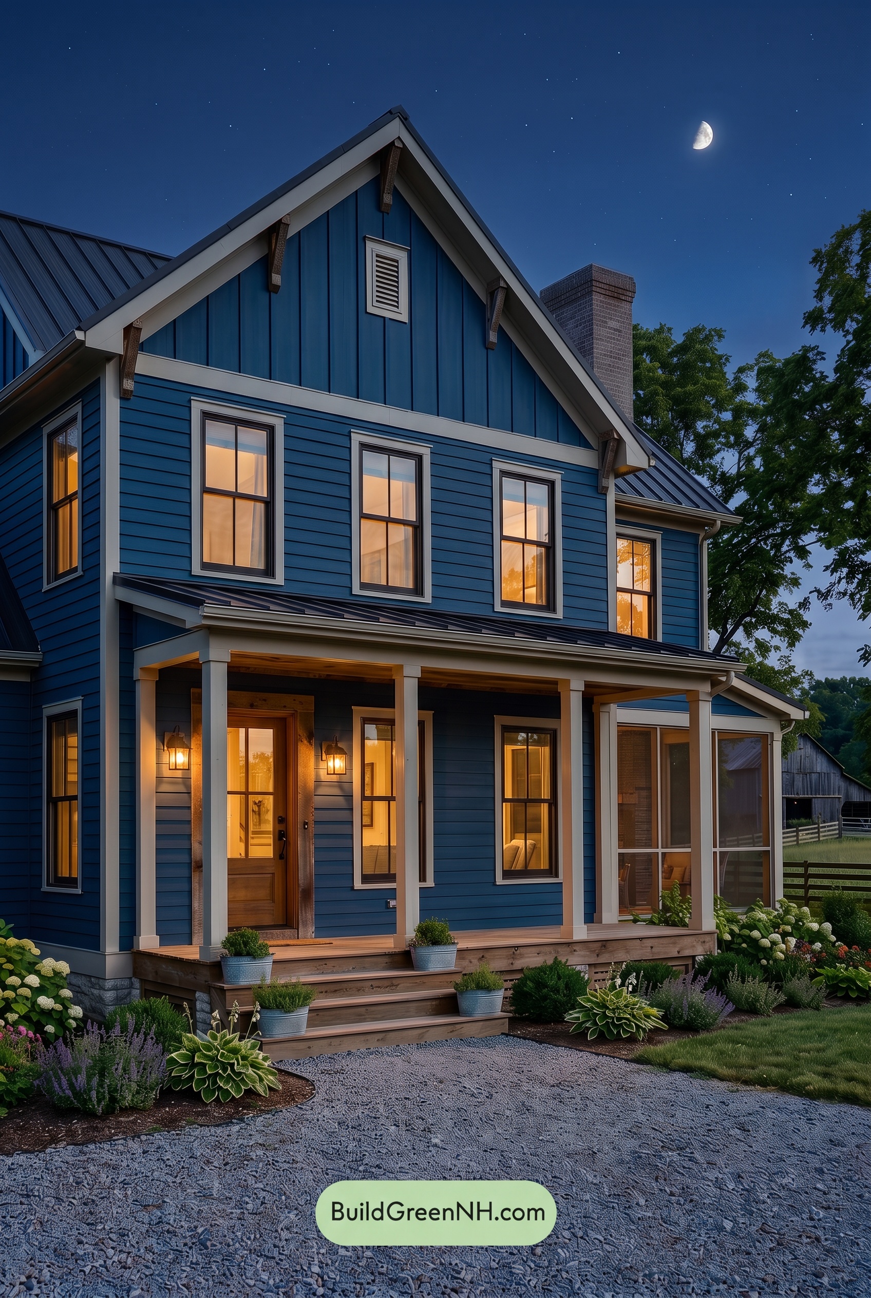 Dark Blue House Exterior with Wood Color Scheme: Sapphire Barnwood Grace - Nighttime