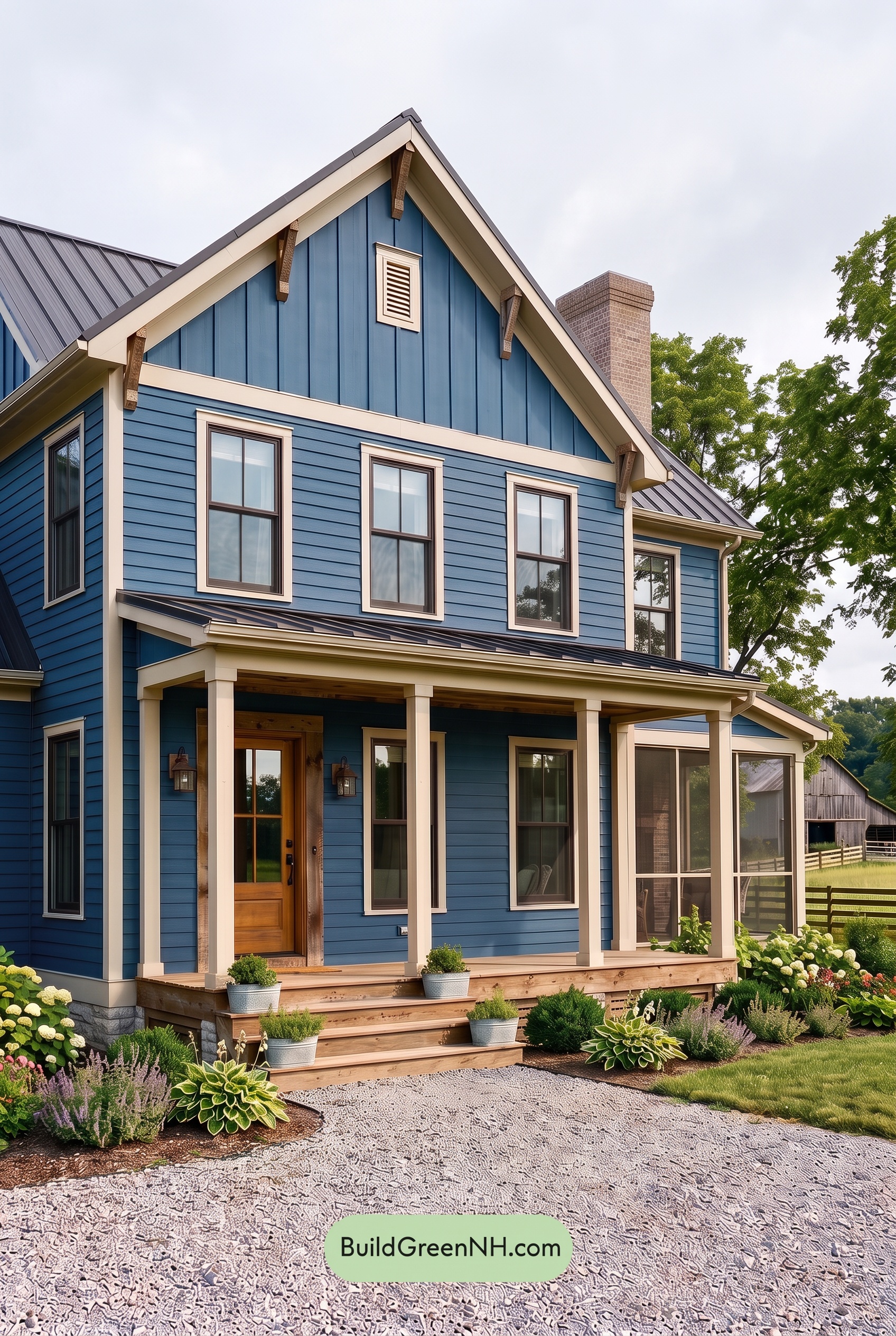 Dark Blue House Exterior with Wood Color Scheme: Sapphire Barnwood Grace - Overcast