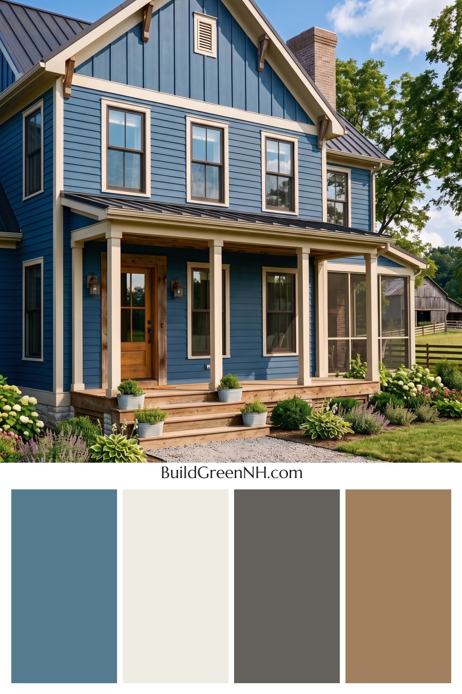 Dark Blue House Exterior with Wood Color Scheme: Sapphire Barnwood Grace
