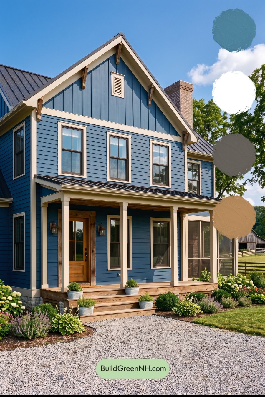 Dark Blue House Exterior with Wood Color Scheme: Sapphire Barnwood Grace