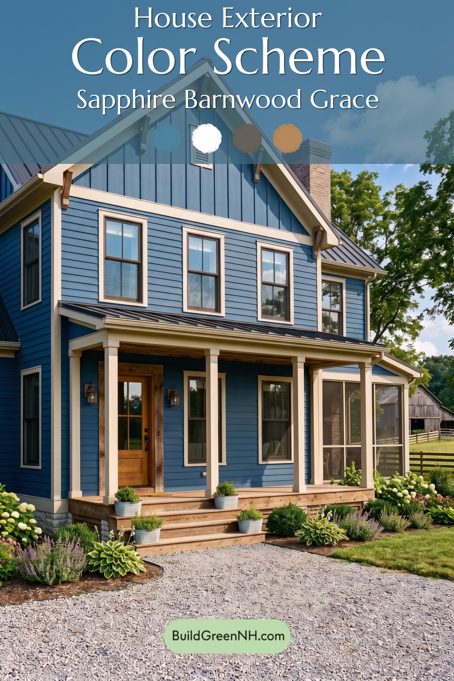 Dark Blue House Exterior with Wood Color Scheme: Sapphire Barnwood Grace