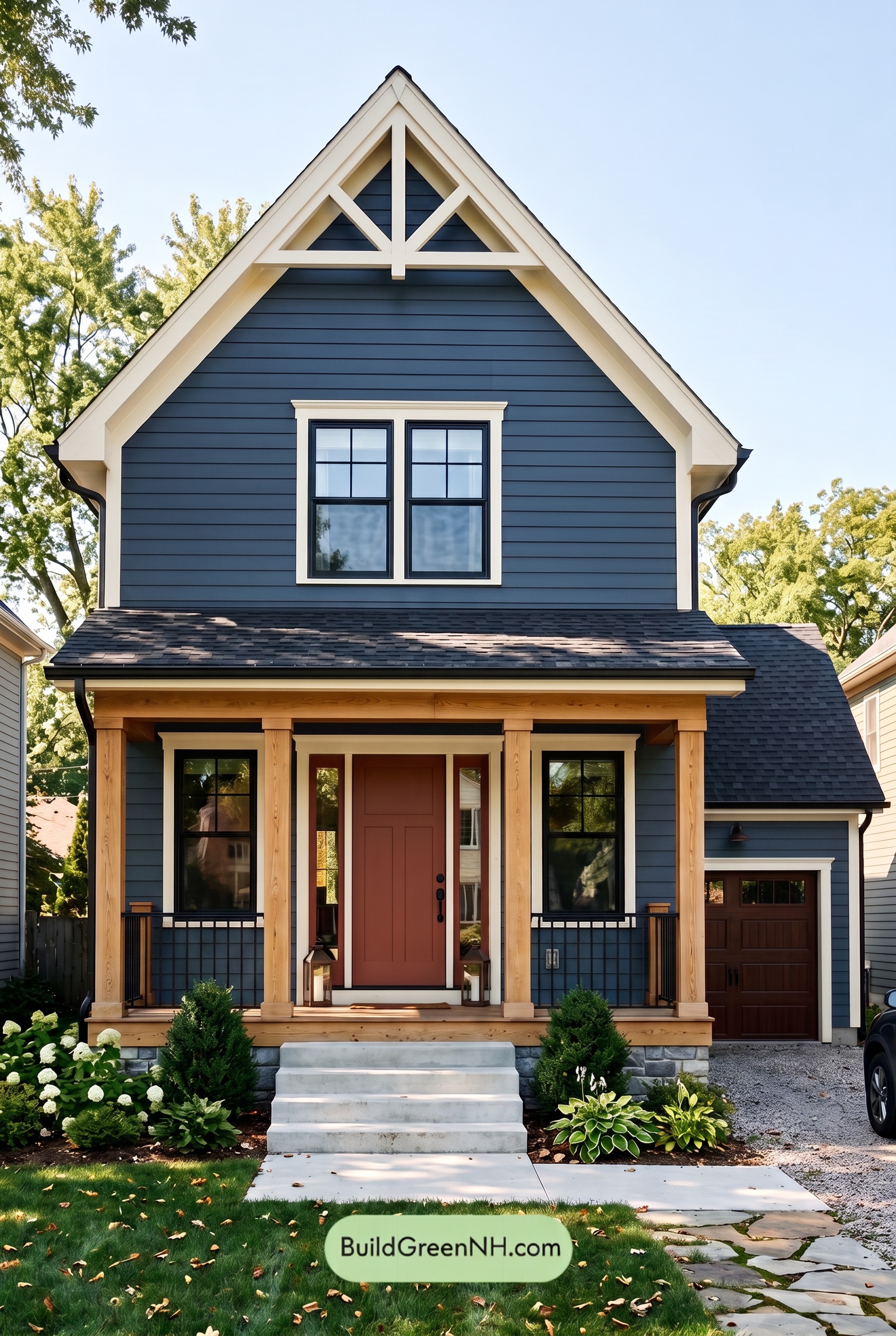 Dark Blue House Exterior with Wood Color Scheme: Twilight Pearl Gable