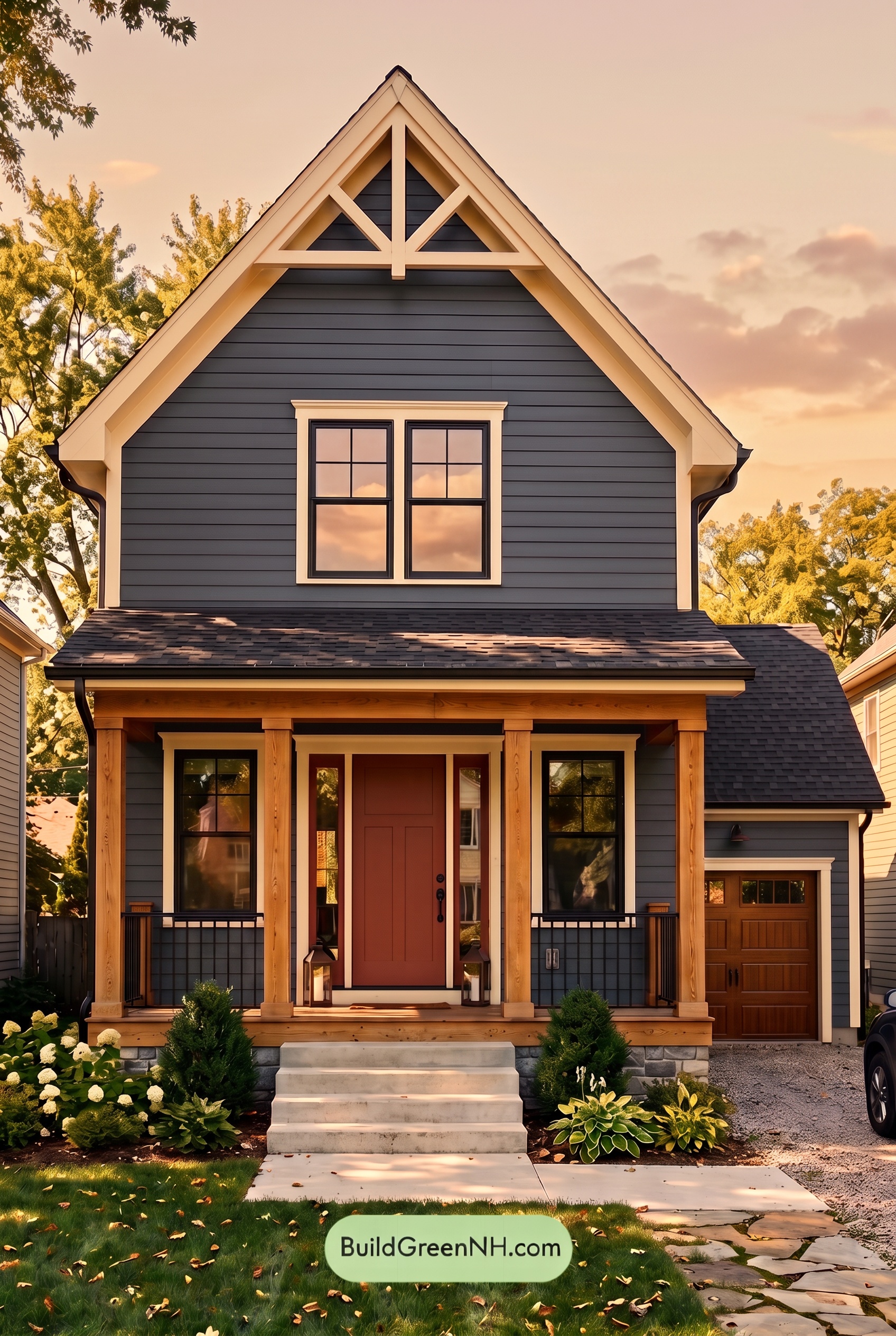 Dark Blue House Exterior with Wood Color Scheme: Twilight Pearl Gable - Golden Hour
